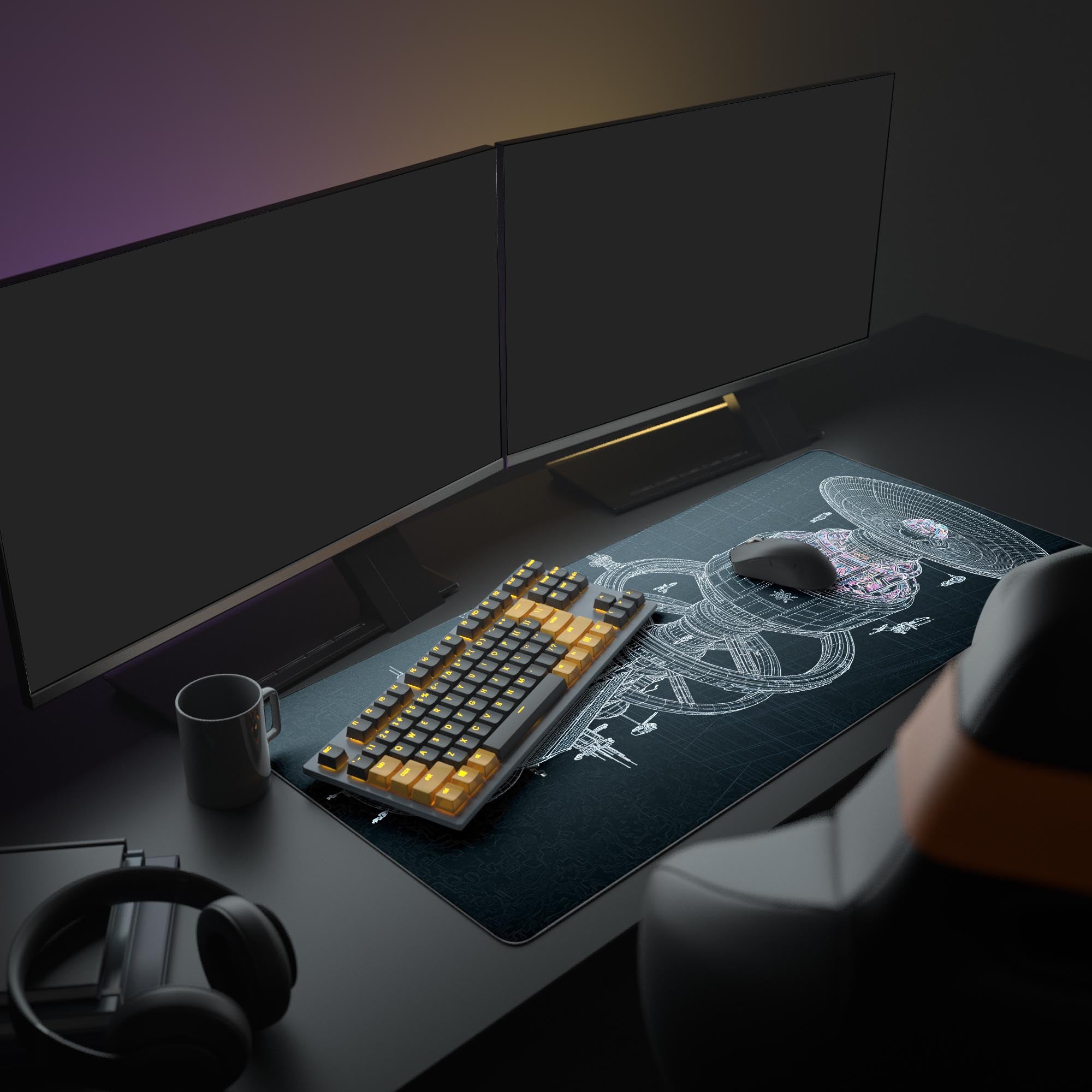 Close-up of the spaceship blueprint desk mat showing crisp technical line art and subtle colored core details.