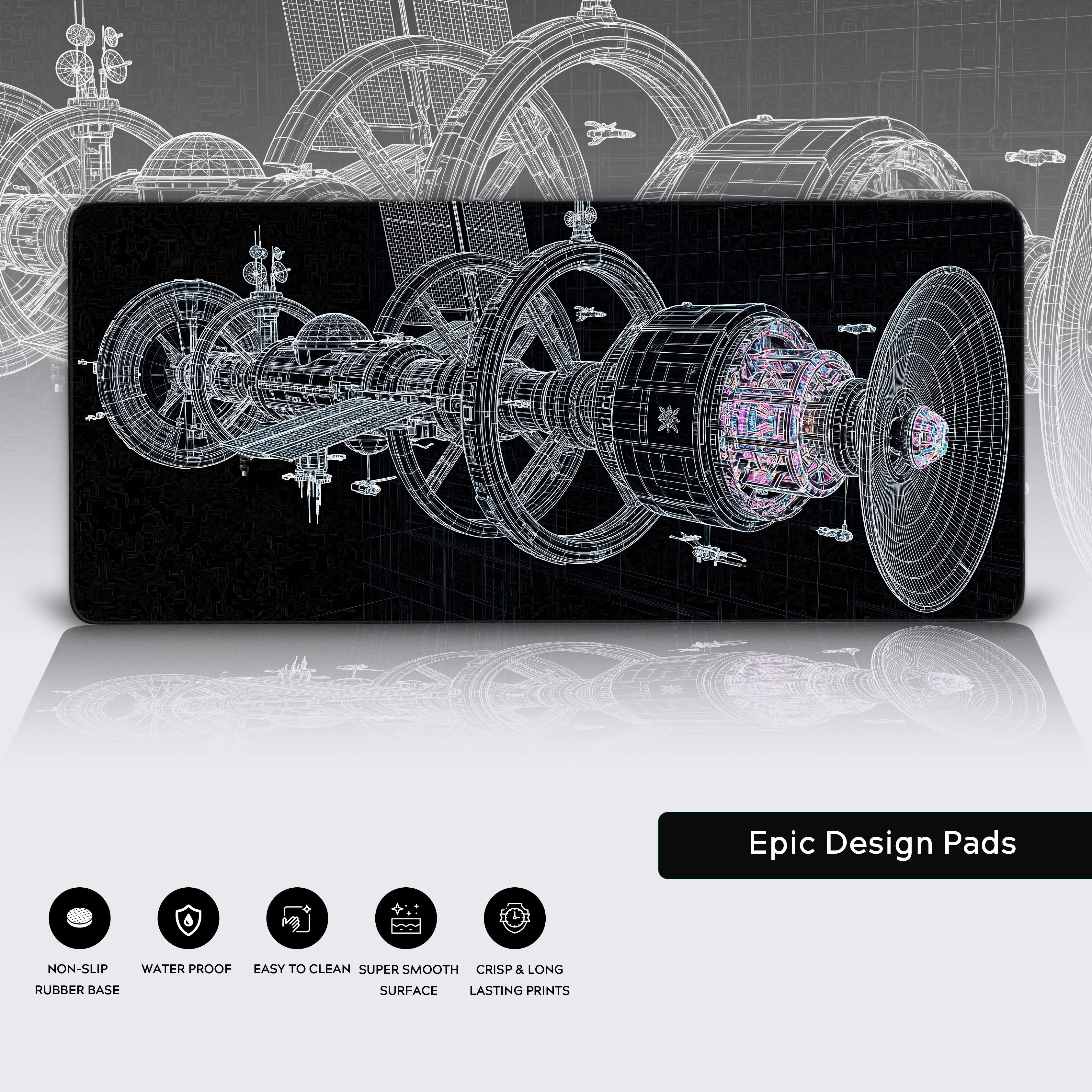 Feature icons below the sci-fi desk mat highlighting non-slip, waterproof, easy to clean, and smooth surface properties.