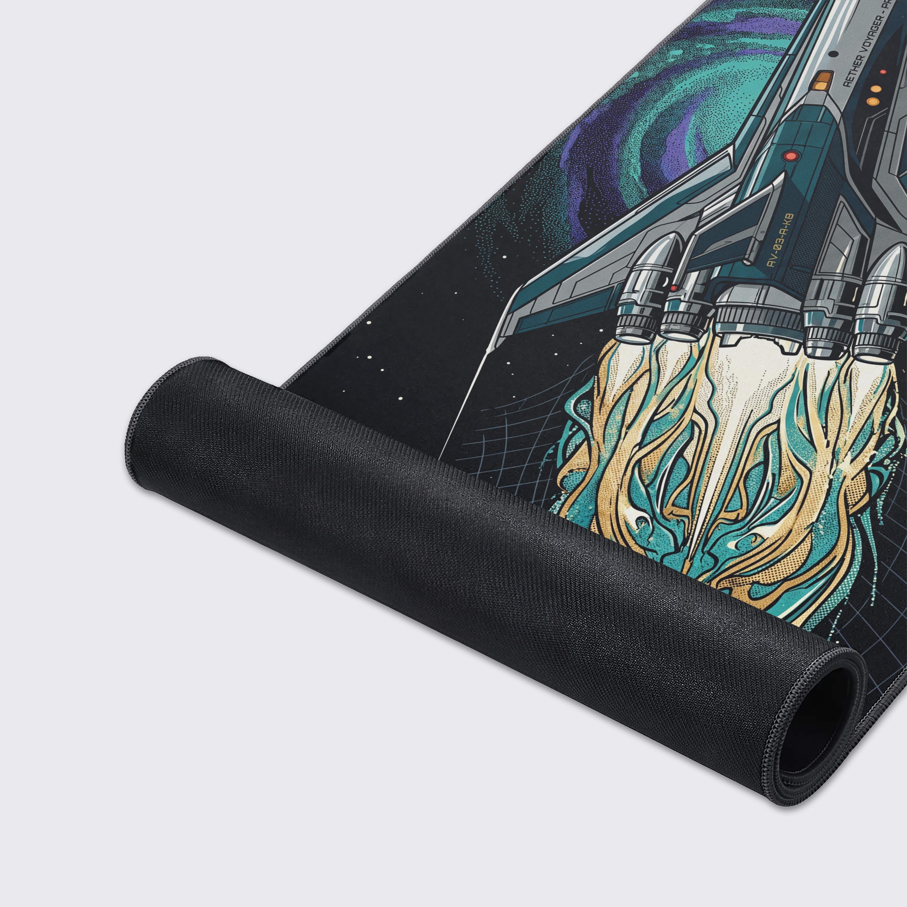 Features of the Aether Voyager desk mat highlighting waterproof, non-slip base, and super smooth surface icons.