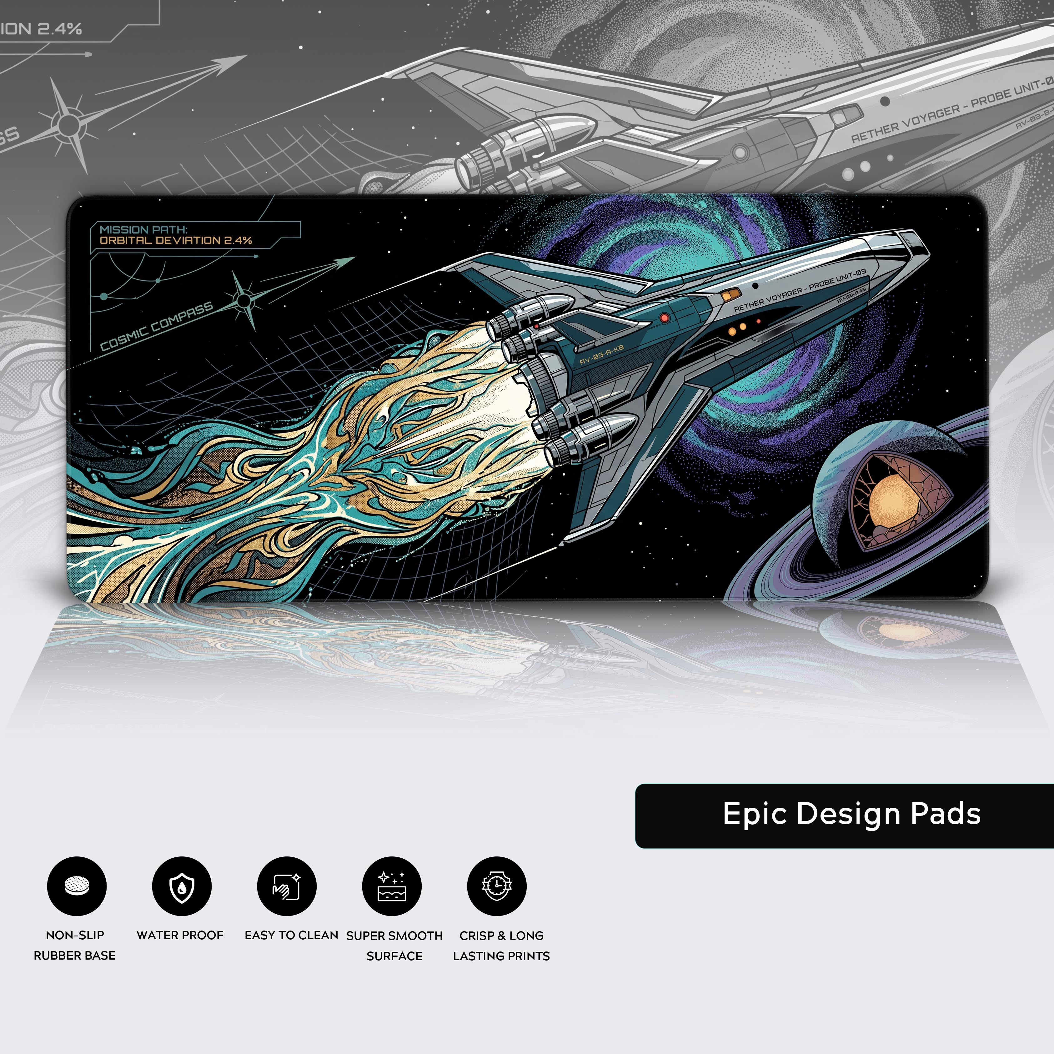 Wide view of the sci-fi spaceship desk mat laying flat, showcasing the full cosmic design and cutaway planet.