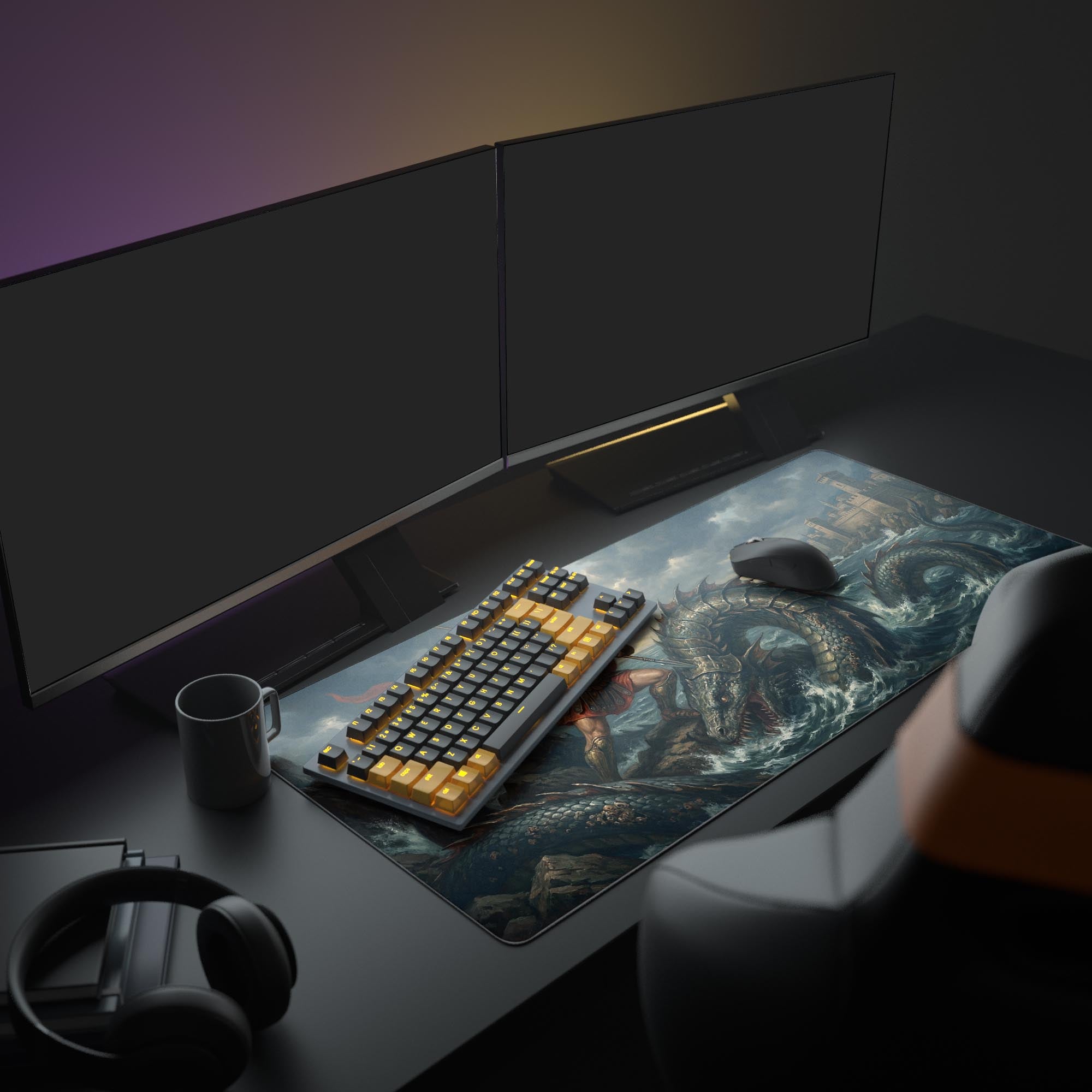 An epic PC setup featuring the Spartan's Fury mouse pad, which depicts a mythological battle, providing ample space for a gaming keyboard and mouse. - Epic Design Pads & Mousepads