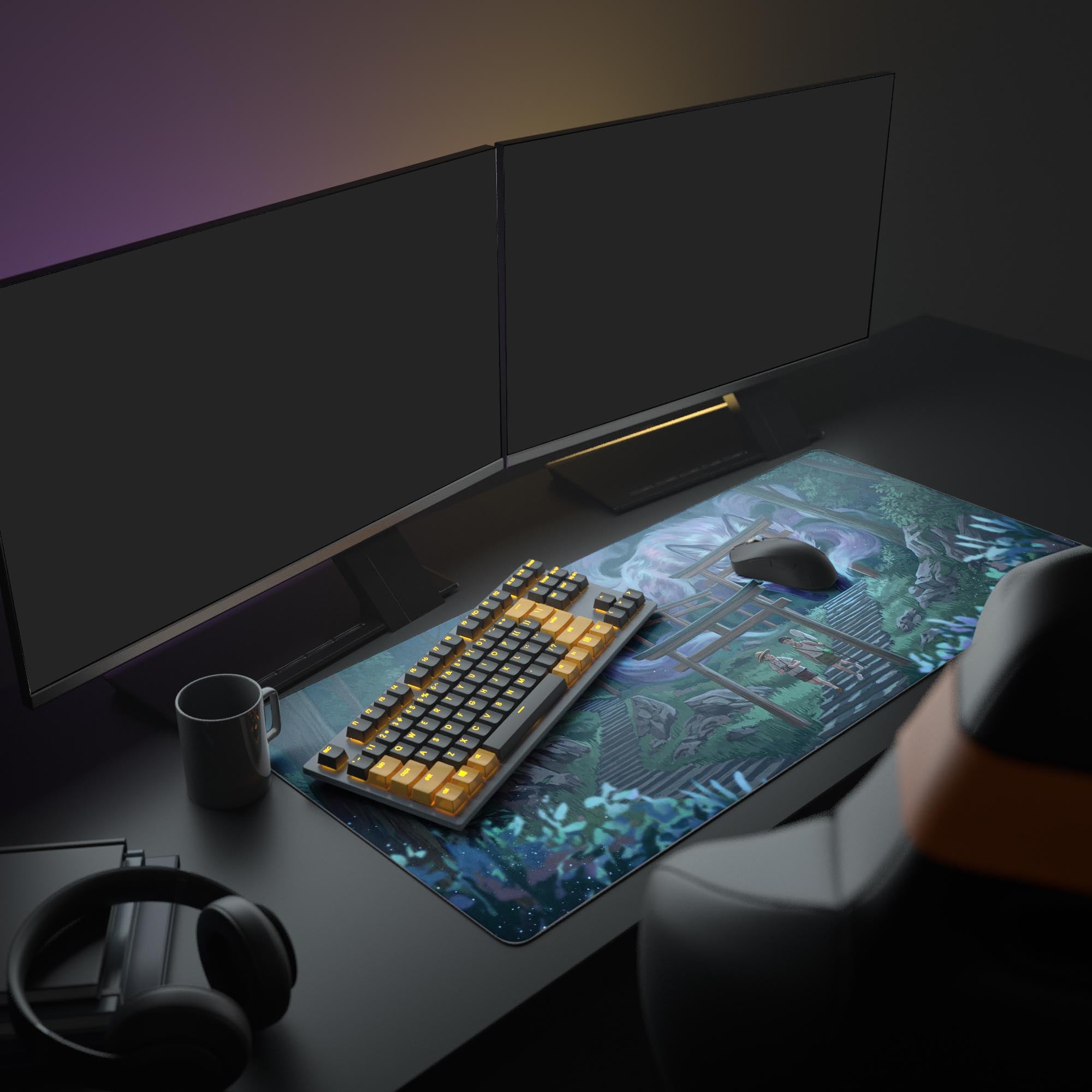 A cozy gaming setup featuring the Spectral Guardian Kitsune mouse pad, with its vibrant purple and blue Japanese art illuminating the space around a monitor and keyboard. - Epic Design Pads & Mousepads