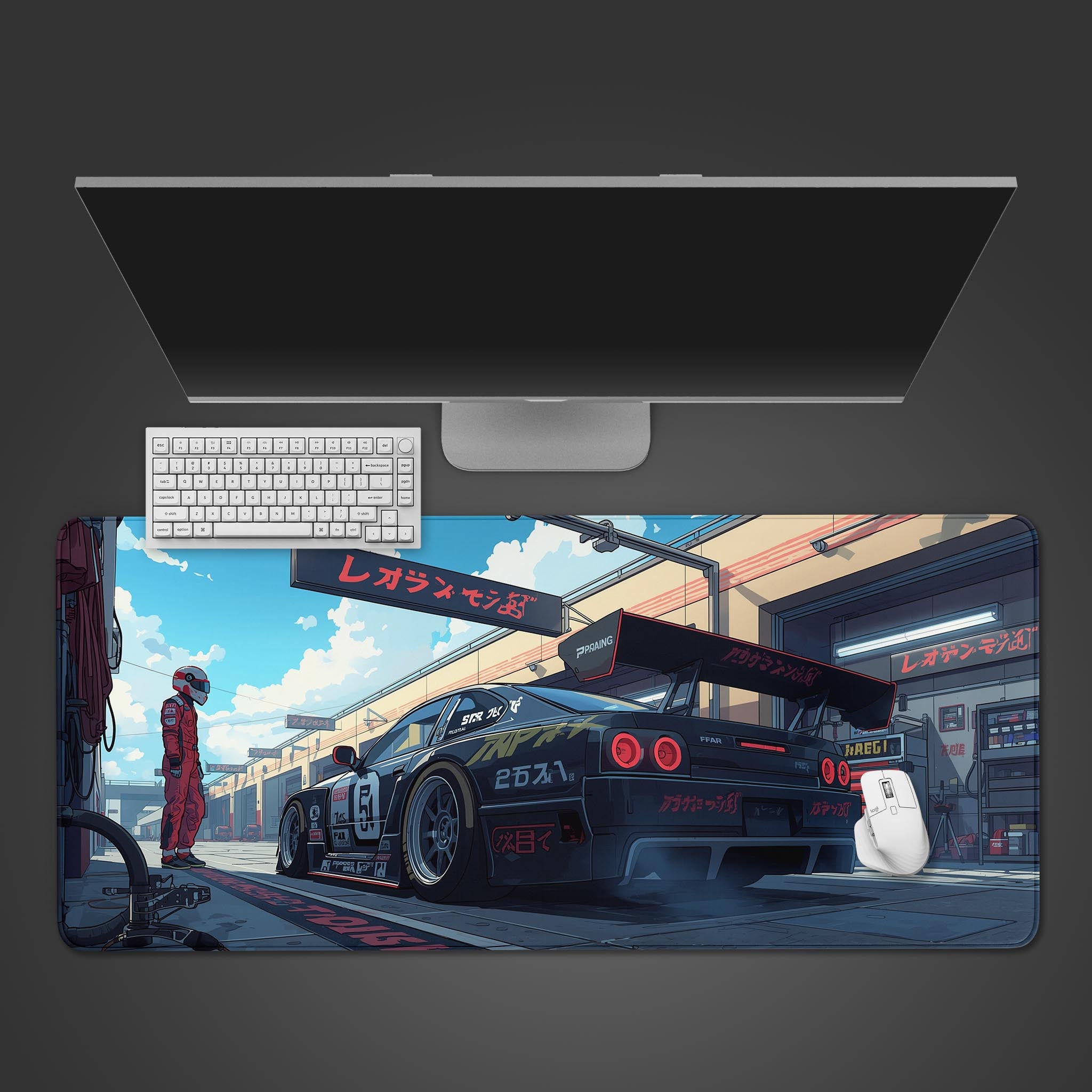 Speedway Garage desk mat featuring race car pit stop design – desktop view with keyboard and mouse. - Epic Design Pads