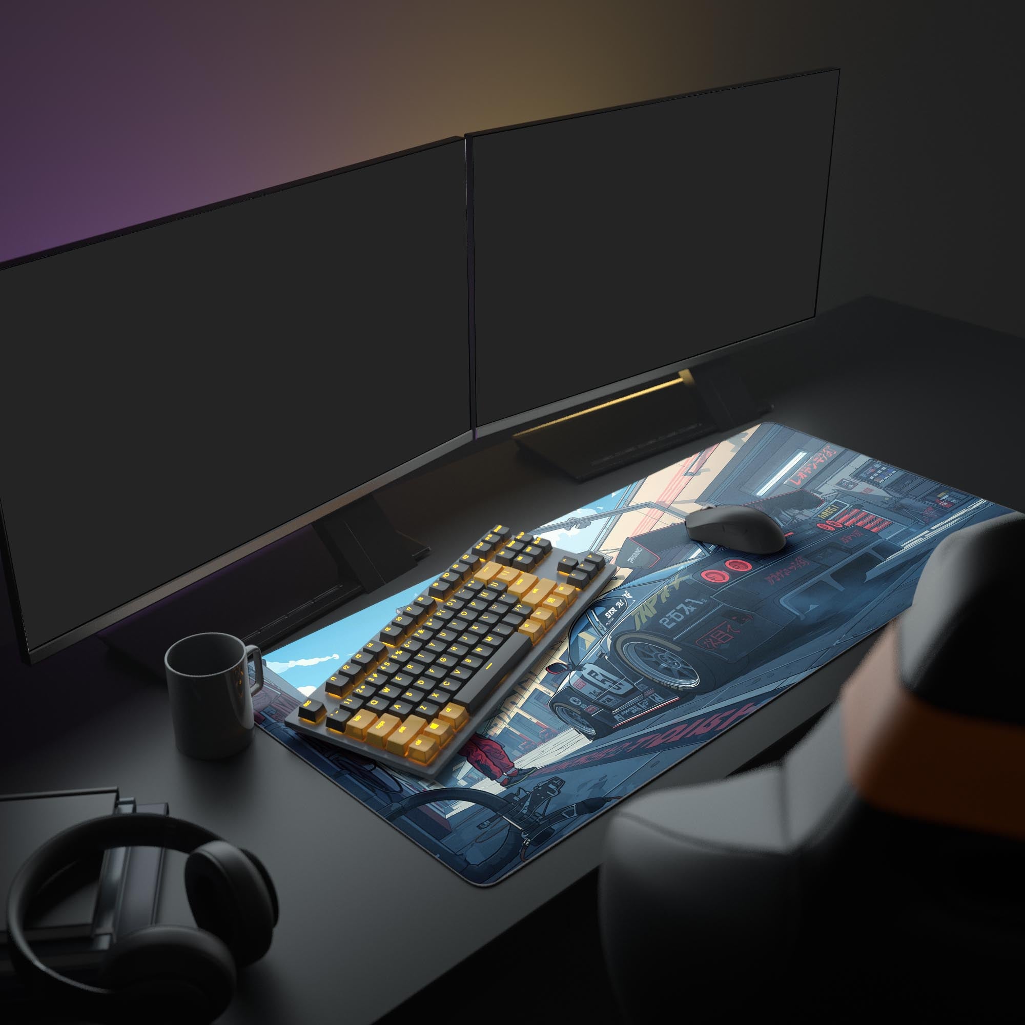 Large Speedway Garage racing desk mat with vibrant pit stop scene – shown in modern office setup. - Epic Design Pads