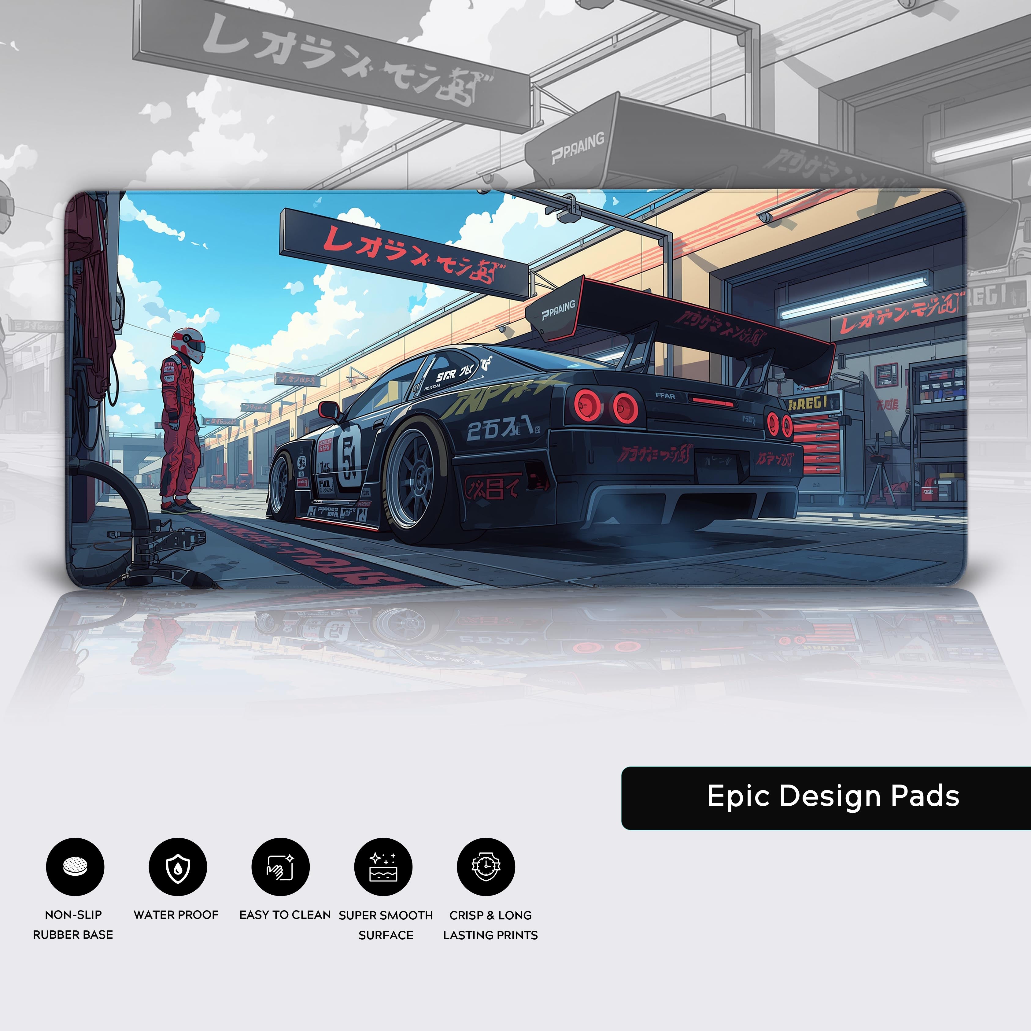 Speedway Garage desk mat illustrating racing car with stitched edges and non-slip base – perfect work surface. - Epic Design Pads