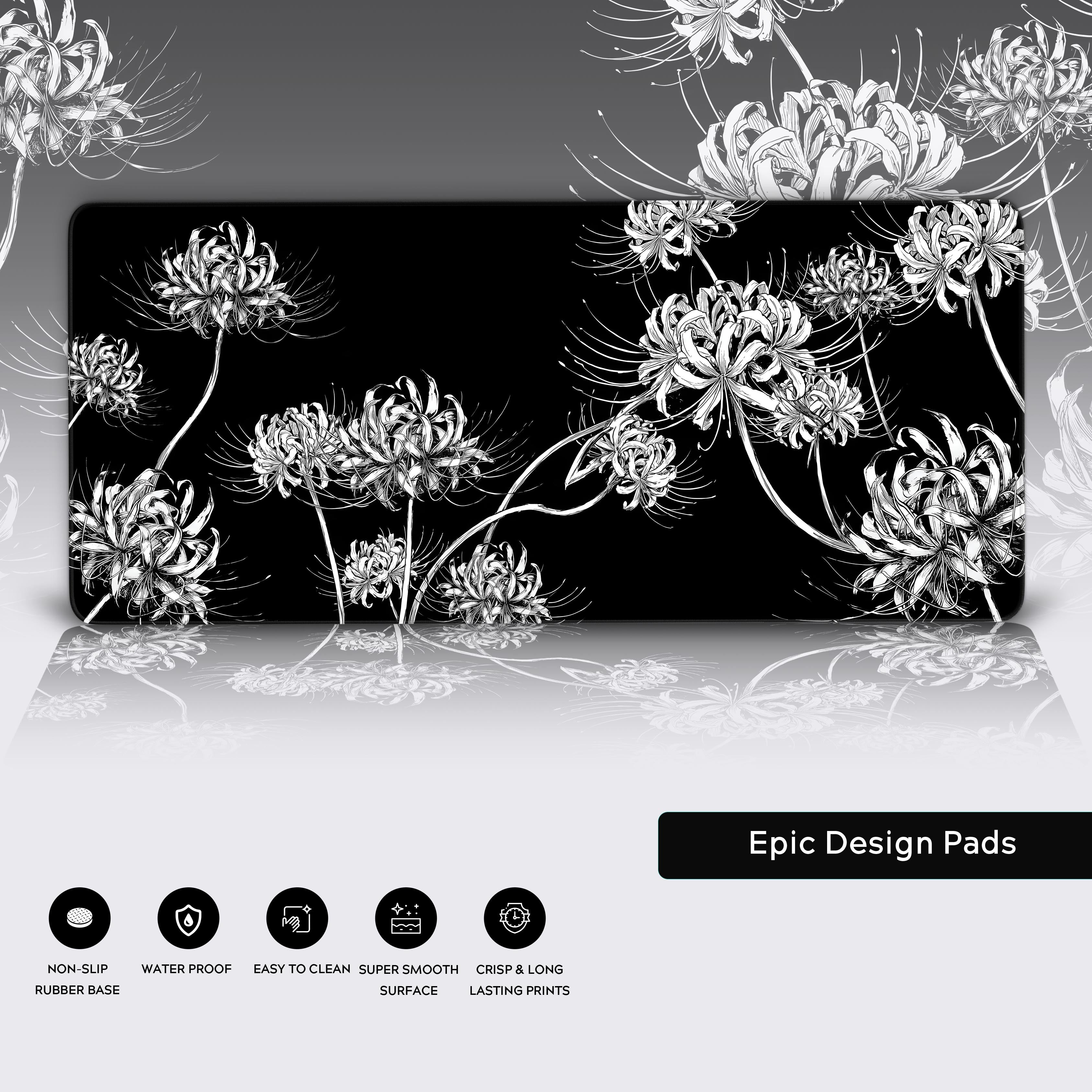 Monochrome black and white floral desk mat layout for an aesthetic minimalist gaming setup