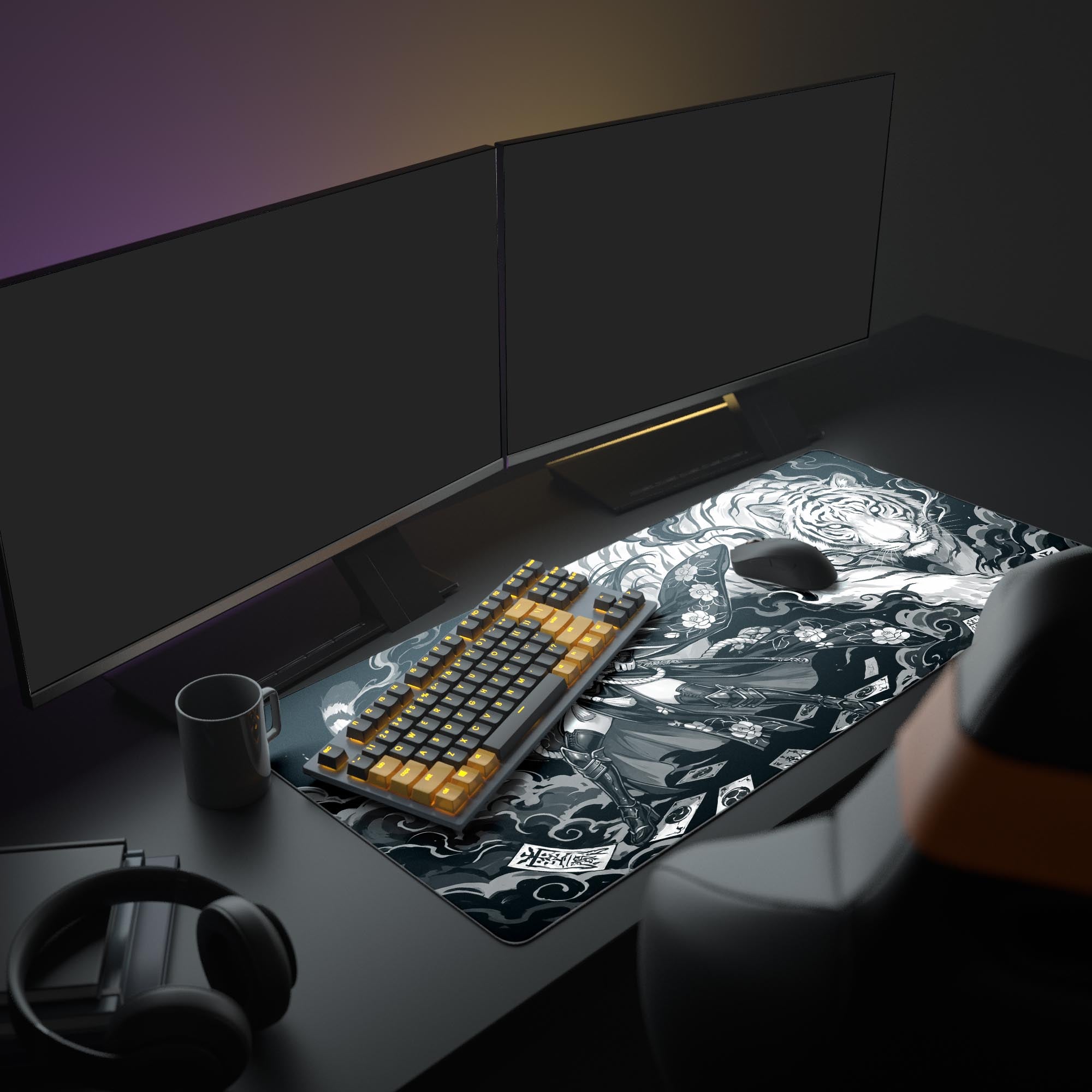 A full gaming setup showcasing the Spirit Blade XL mouse pad. The black and white anime design complements a modern monitor, keyboard, and mouse for a clean aesthetic. - Epic Design Pads & Mousepads