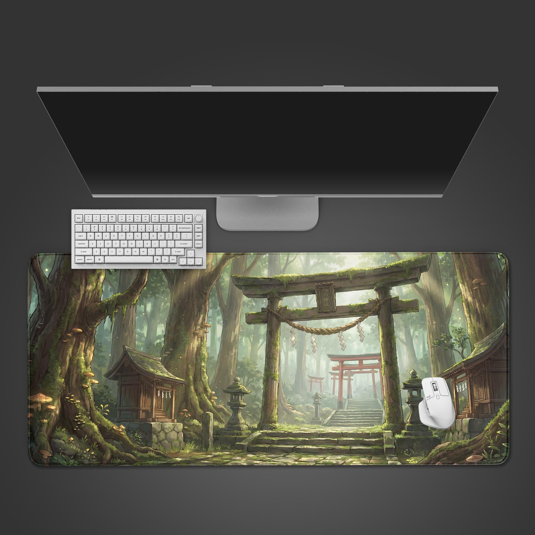 The Spirit Forest gaming desk mat shown from a top-down view, featuring a serene Japanese shrine design, with a white keyboard and mouse placed on top. - Epic Design Pads & Mousepads