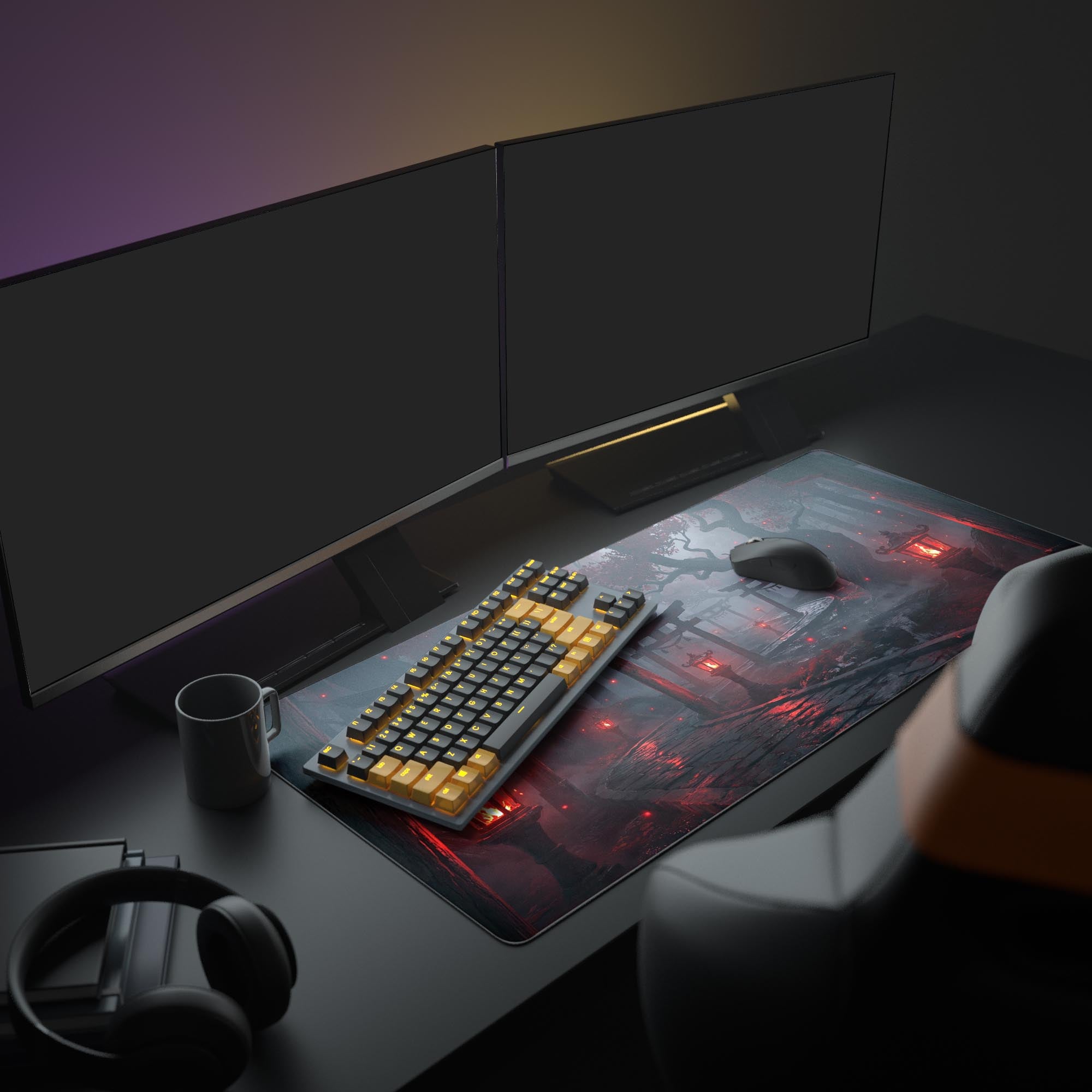 A full gaming setup featuring the Spirit Gate Way mouse pad, its red lantern design glowing under a monitor with an illuminated keyboard. - Epic Design Pads & Mousepads