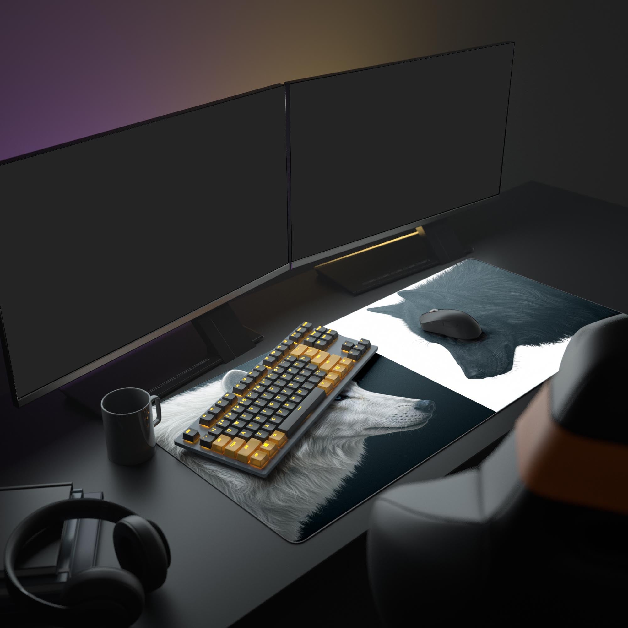 Large Spirit's Balance wolf desk mat in a minimalist desk setup with dual monitors, headphones, and a mechanical keyboard, creating a focused workspace. - Epic Design Pads & Mousepads