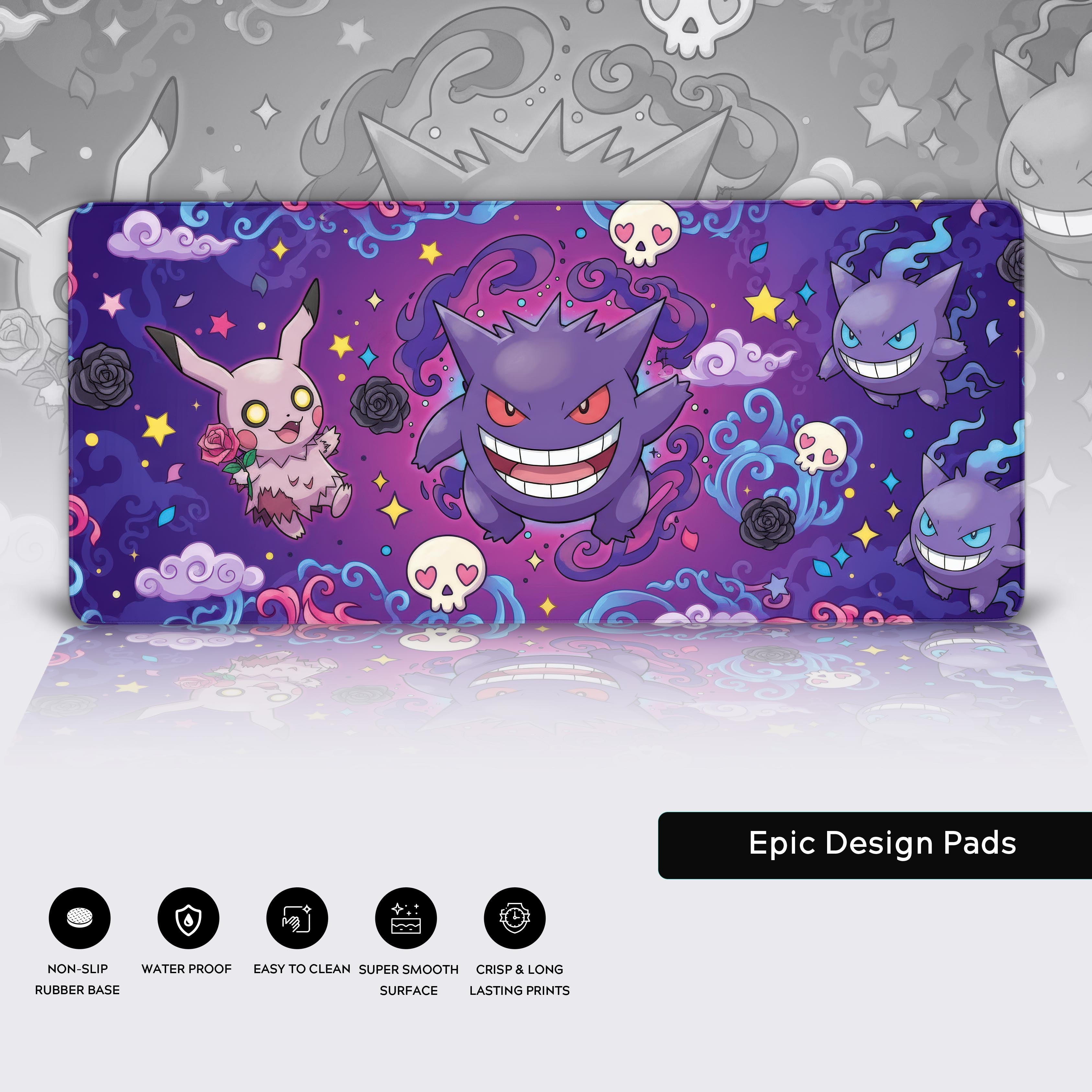 Close-up of the Spooky Squad Ghost Pokemon desk mat showcasing the durable stitched edges, waterproof surface, and non-slip rubber base. - Epic Design Pads