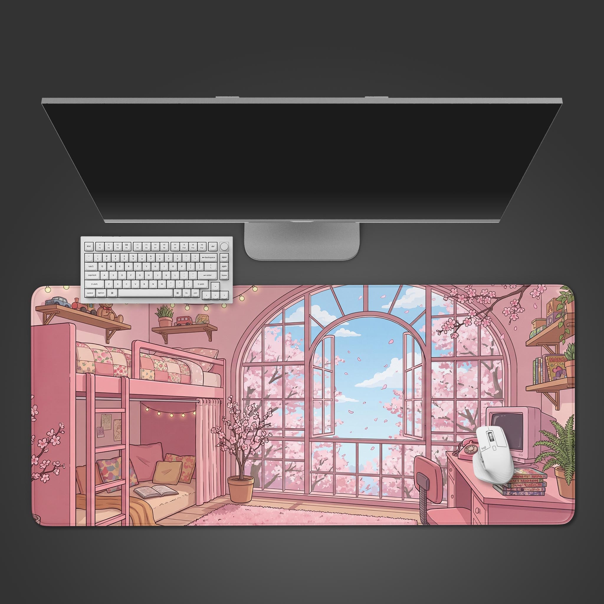 Spring Loft aesthetic desk mat with cozy anime room design – top-down view on a desk with a keyboard and mouse. - Epic Design Pads & Mousepads