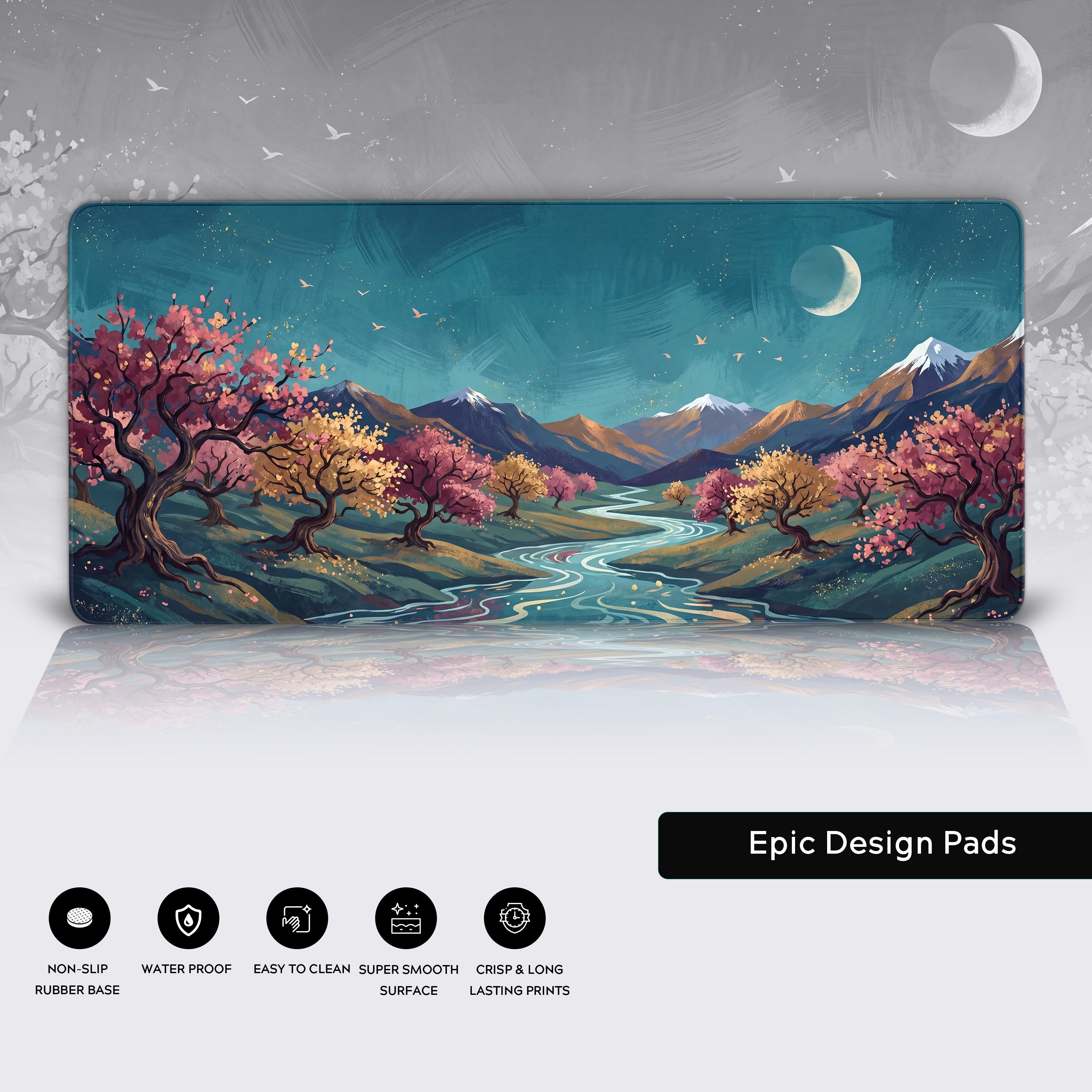 Aesthetic gaming desk setup anchored by the ethereal landscape XL mouse pad