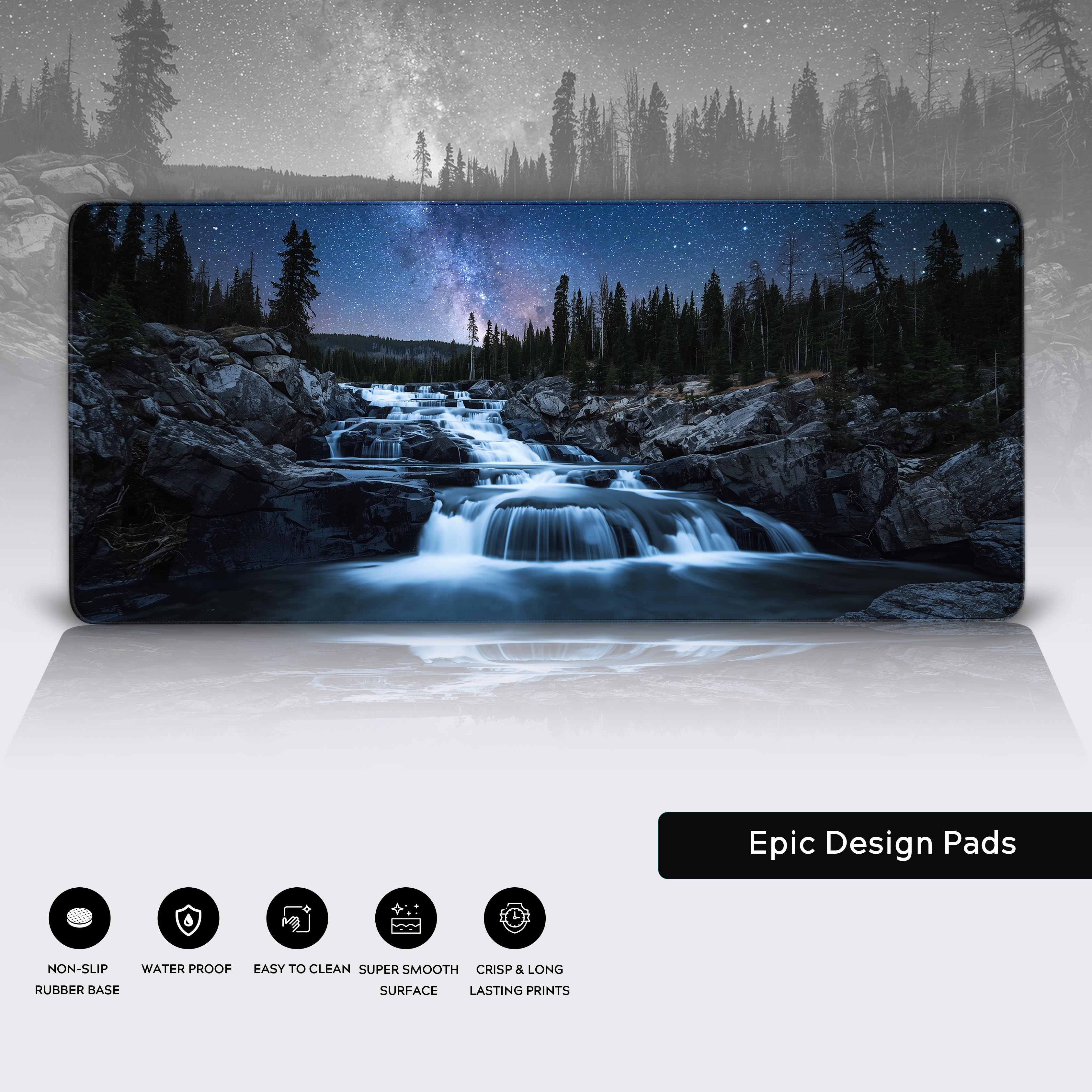 Starlight Cascade desk mat close-up, highlighting the premium stitched edges, smooth water-resistant surface, and non-slip rubber base. - Epic Design Pads