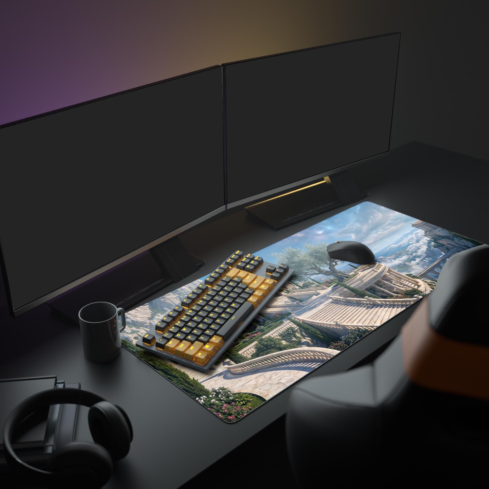 The Starlight Marble Temple mouse pad anchors a clean PC setup, with a large monitor reflecting the celestial design. - Epic Design Pads & Mousepads