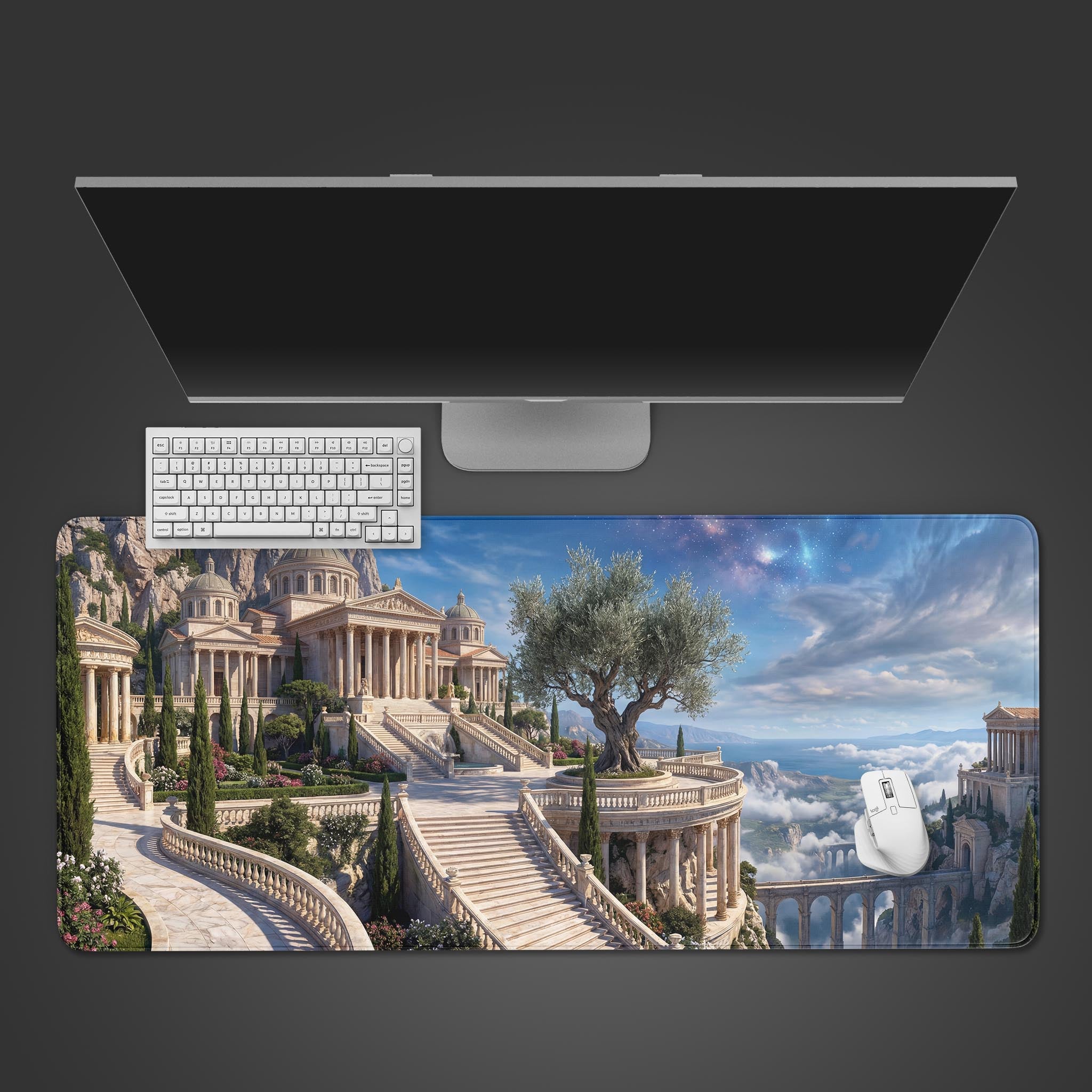 Top-down view of the Starlight Marble Temple gaming desk mat, shown with a sleek white keyboard and mouse on a dark gray surface. - Epic Design Pads & Mousepads