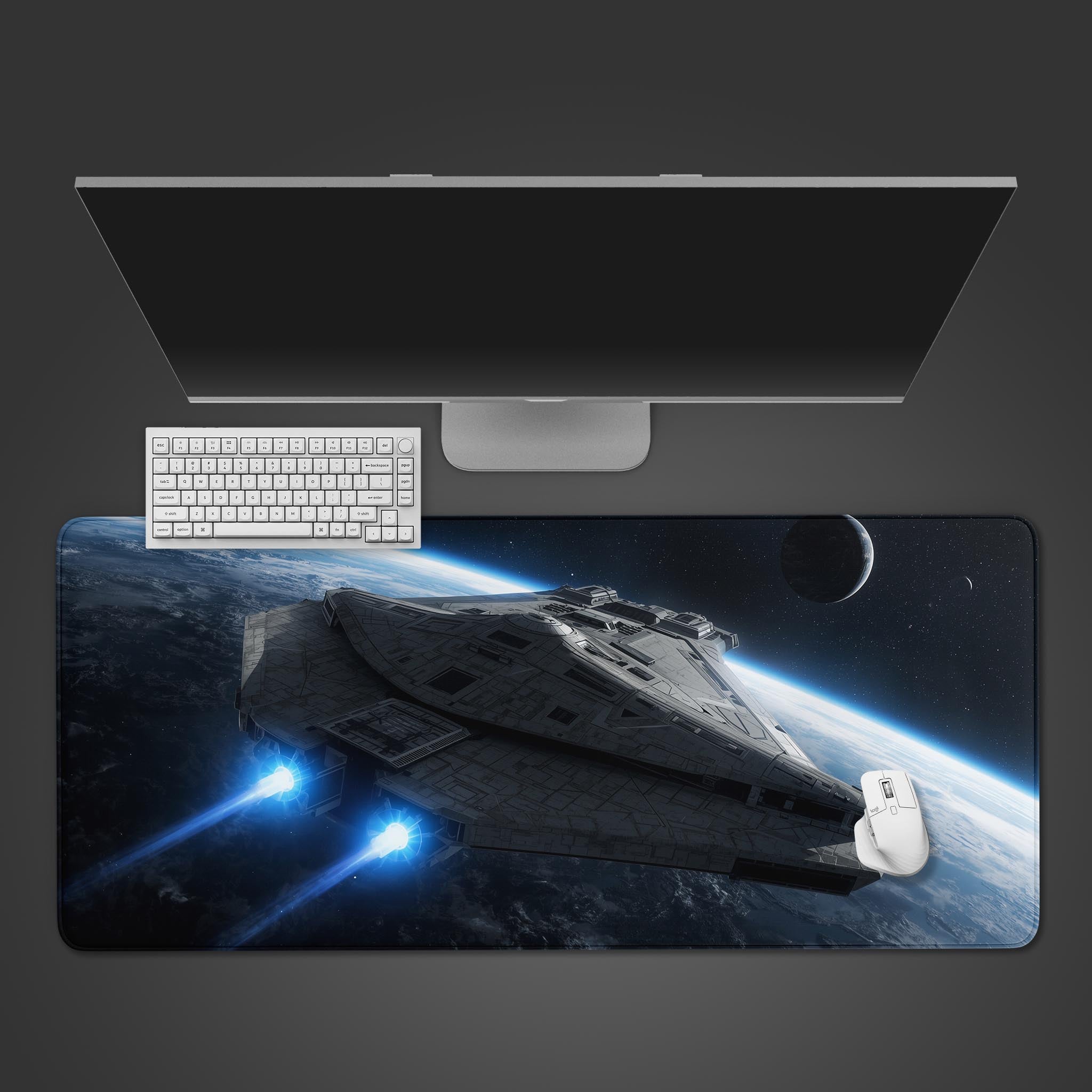 Starship Orbit sci-fi desk mat with planet design – top-down view of a desk setup with a keyboard and mouse. - Epic Design Pads