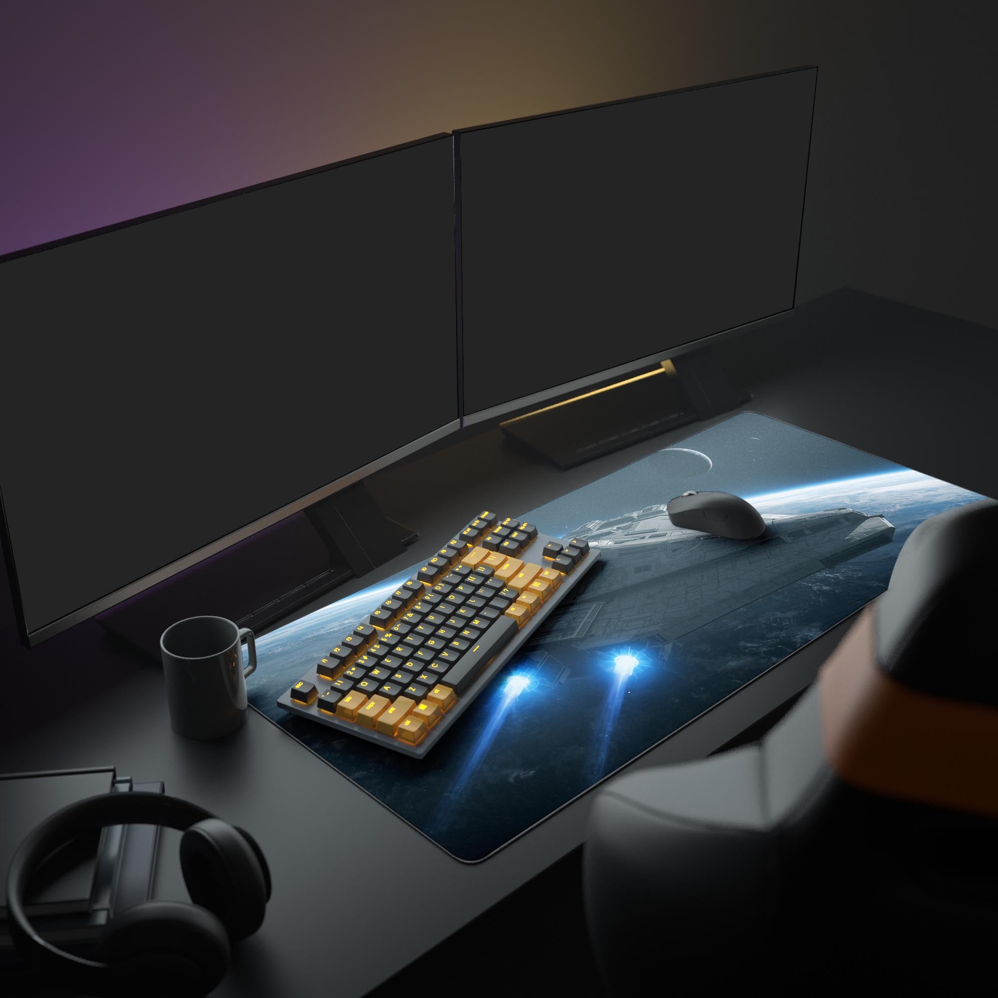 Large Starship Orbit gaming desk mat in a full sci-fi setup with dual monitors, headphones, and a mechanical keyboard. - Epic Design Pads