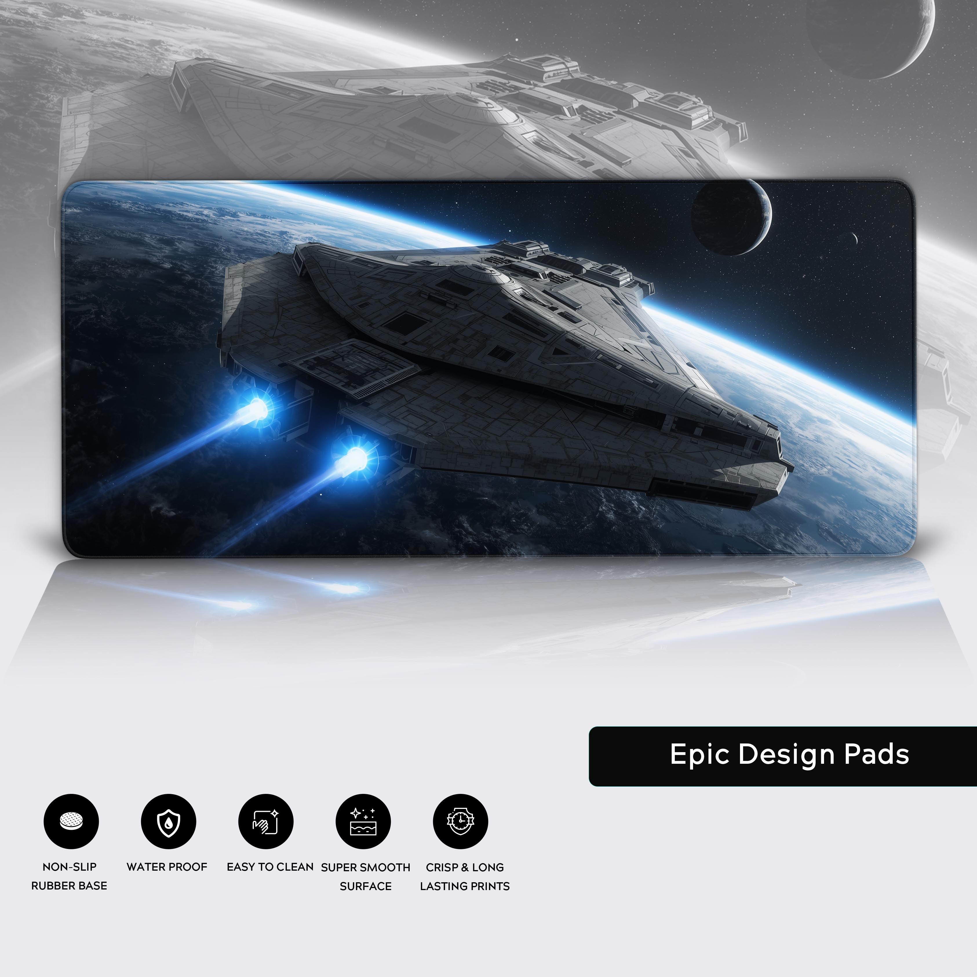 Starship Orbit sci-fi gaming mouse pad showcasing the durable stitched edges and non-slip rubber base for stability. - Epic Design Pads