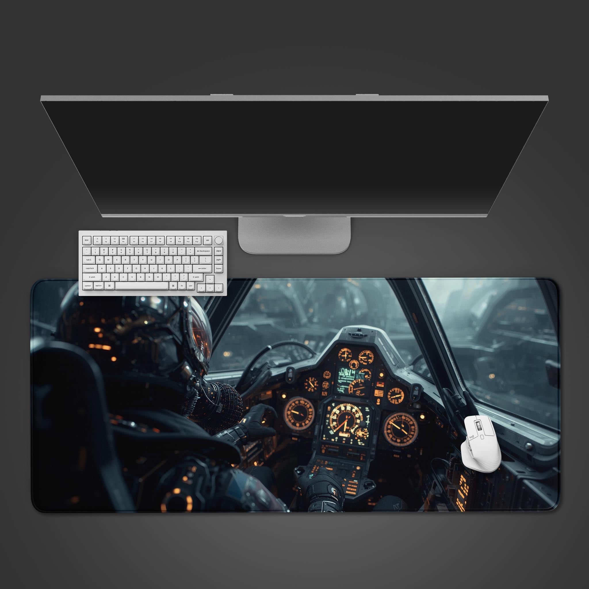Starship Pilot desk mat with futuristic cockpit design. Top-down desktop view with a gaming keyboard and mouse. - Epic Design Pads