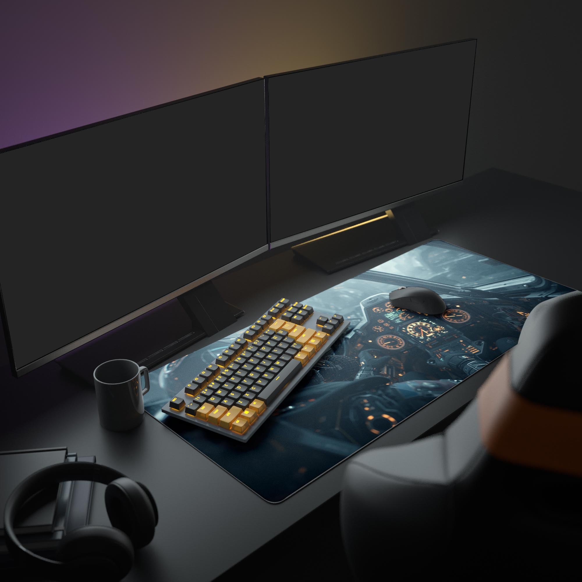 Large Starship Pilot desk mat in a futuristic gaming setup with dual monitors, glowing keyboard, and headphones. - Epic Design Pads