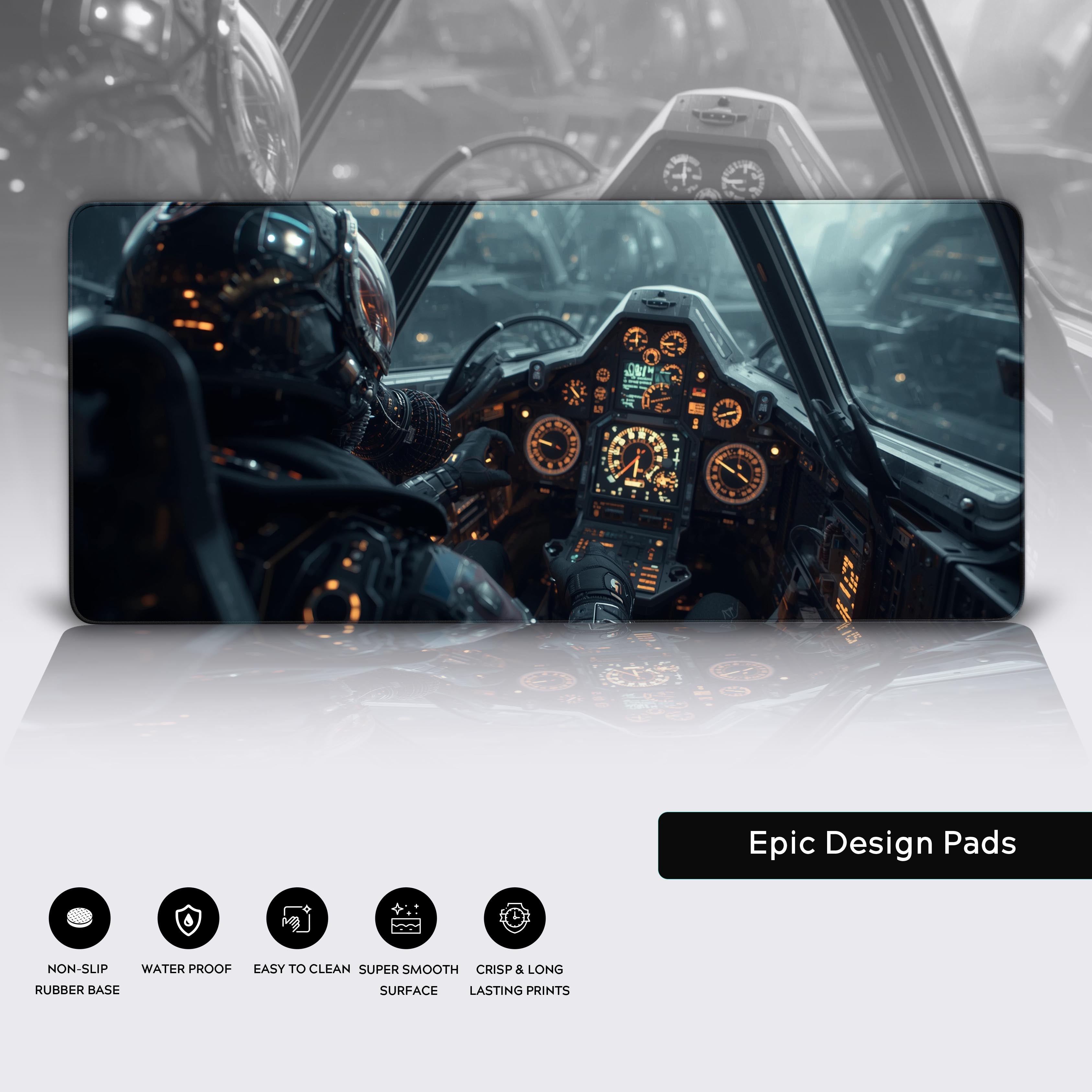 Starship Pilot sci-fi desk mat showcasing the quality stitched edges, waterproof surface, and non-slip rubber base. - Epic Design Pads