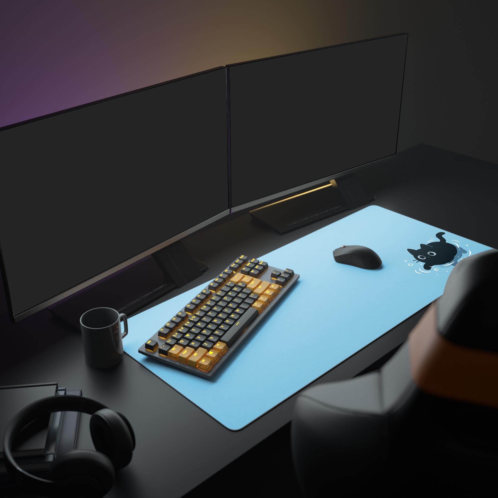 A full minimalist PC setup featuring the blue 'Stay Afloat' gaming desk mat, providing ample space for an illuminated keyboard and gaming mouse under two monitors. - Epic Design Pads & Mousepads