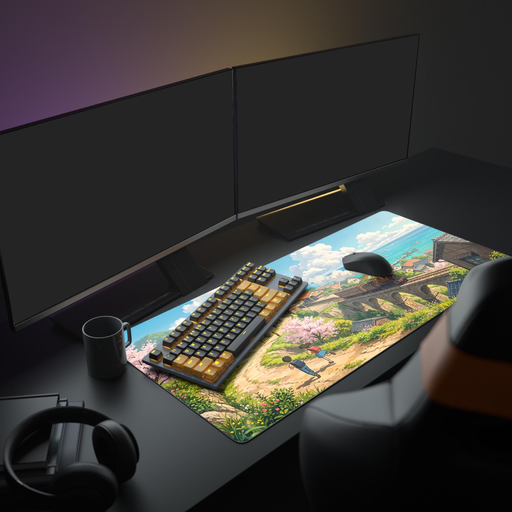 Close up of vibrant anime landscape artwork on a gaming mouse pad featuring children and cherry blossoms