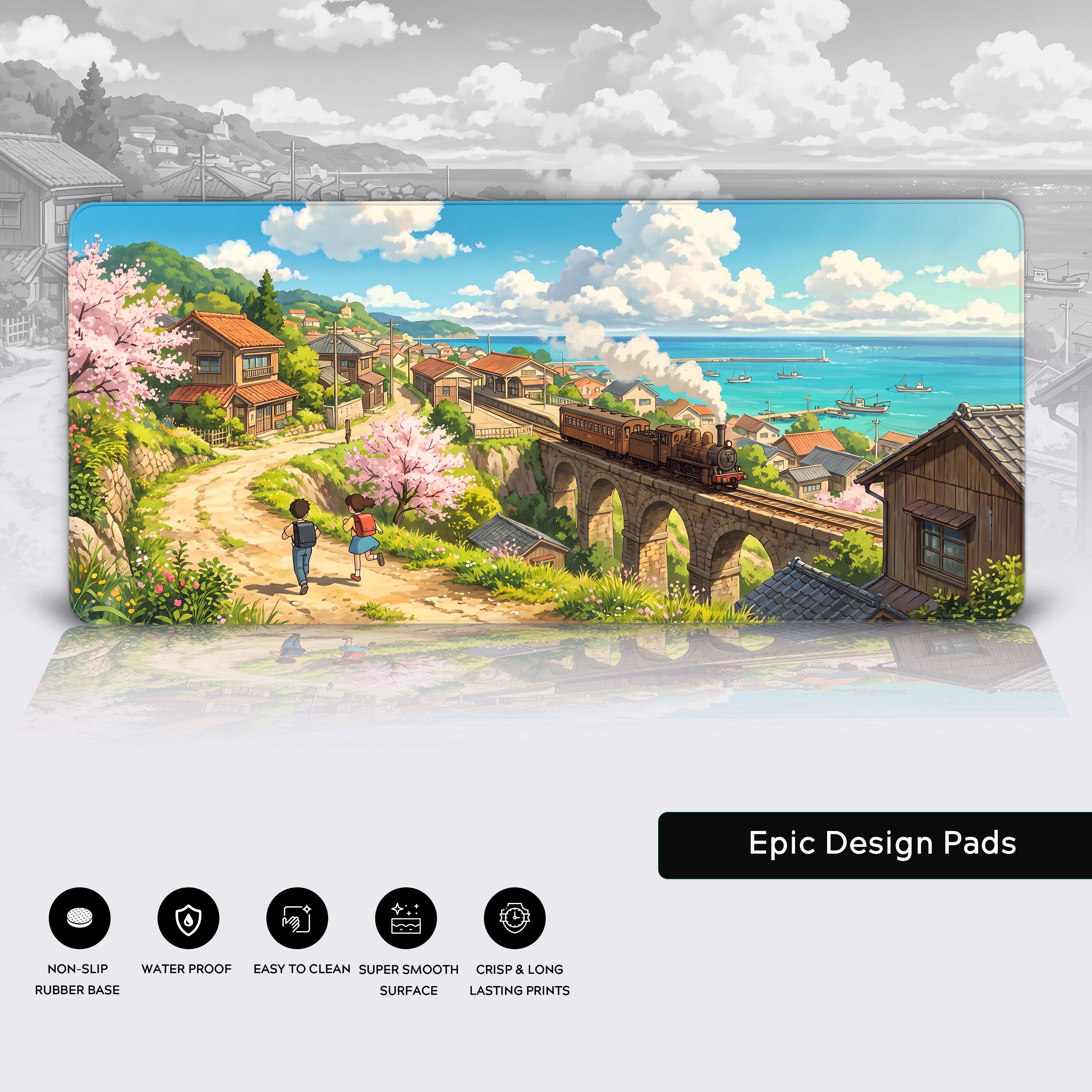 Features of the anime train desk mat including non-slip base, waterproof surface, and crisp print