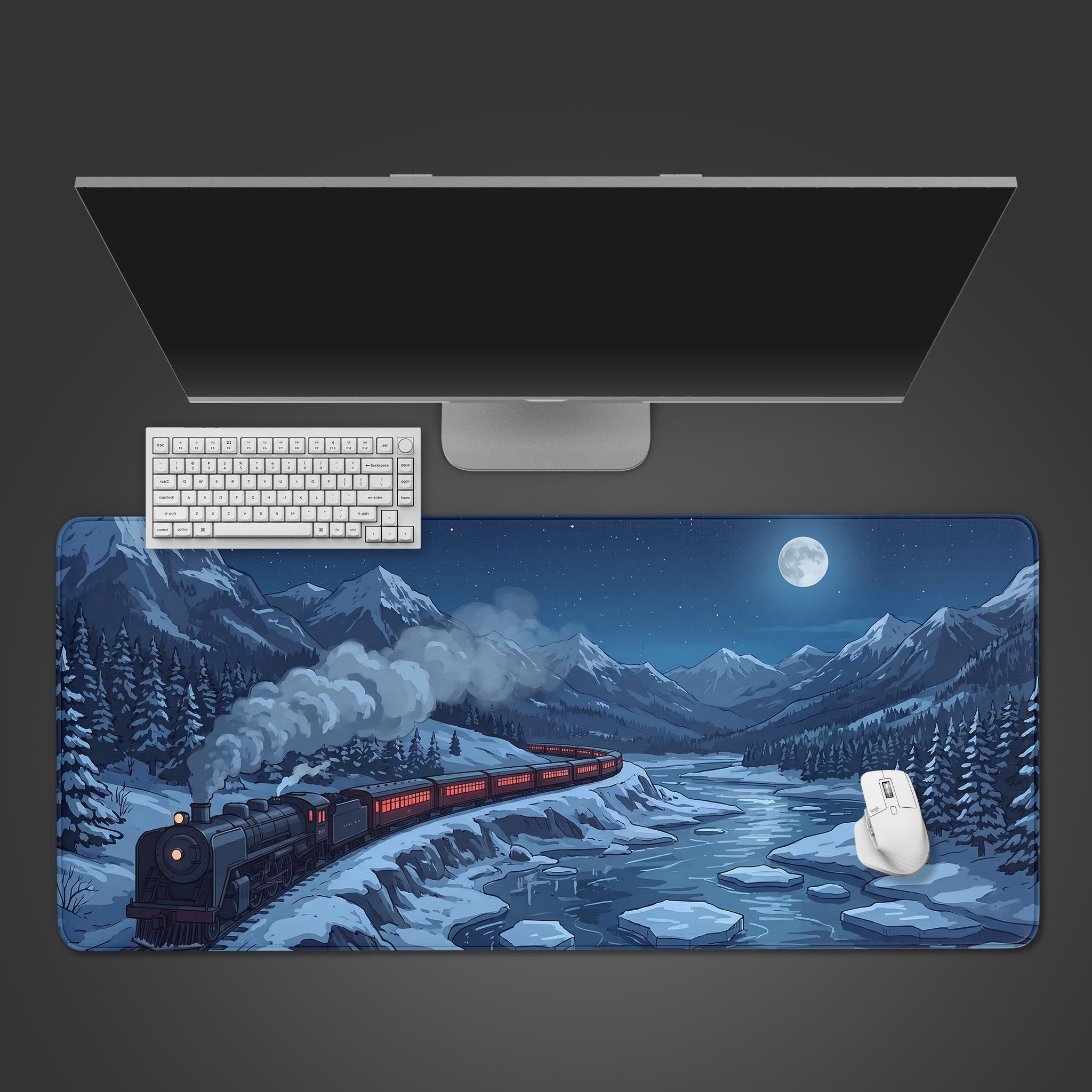 A desk mat featuring a vintage steam train traveling through a snowy mountain landscape at night under a full moon.