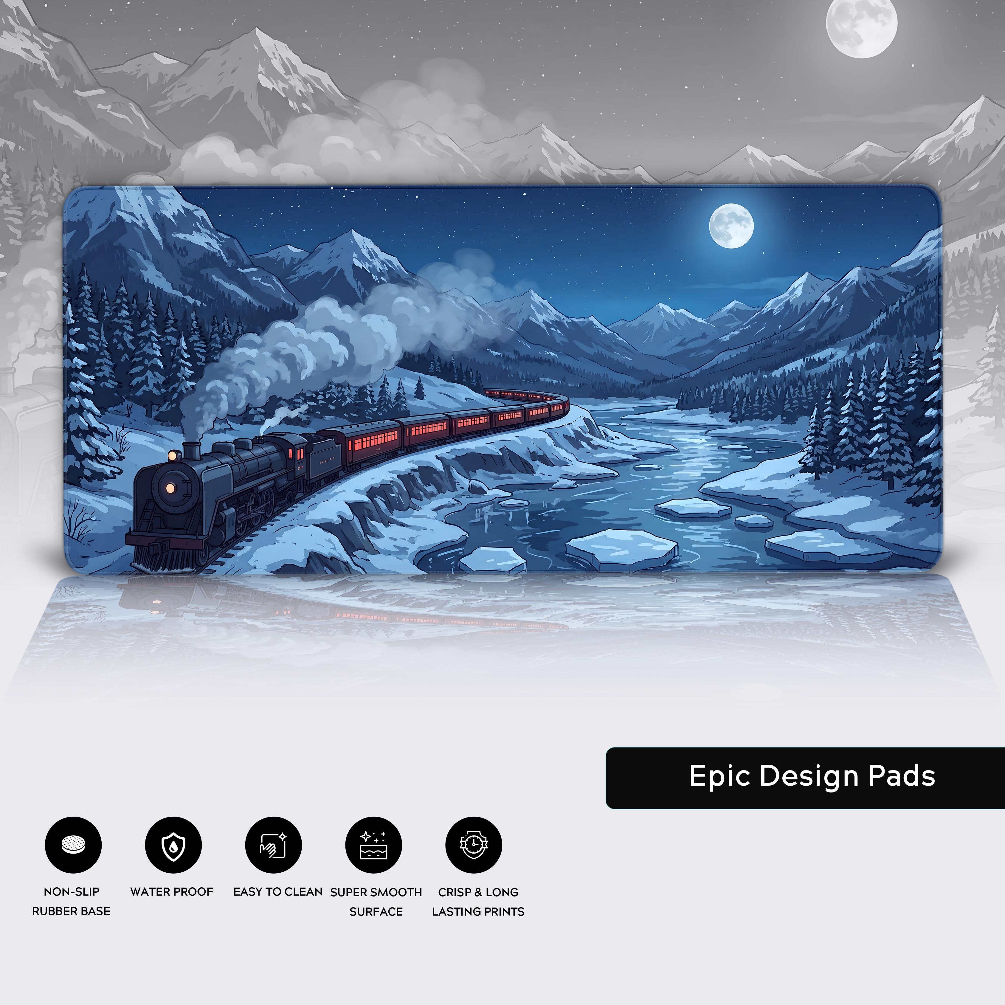 Desk mat product feature icons highlighting the non-slip base, waterproof coating, easy to clean surface, smooth glide, and crisp print quality.