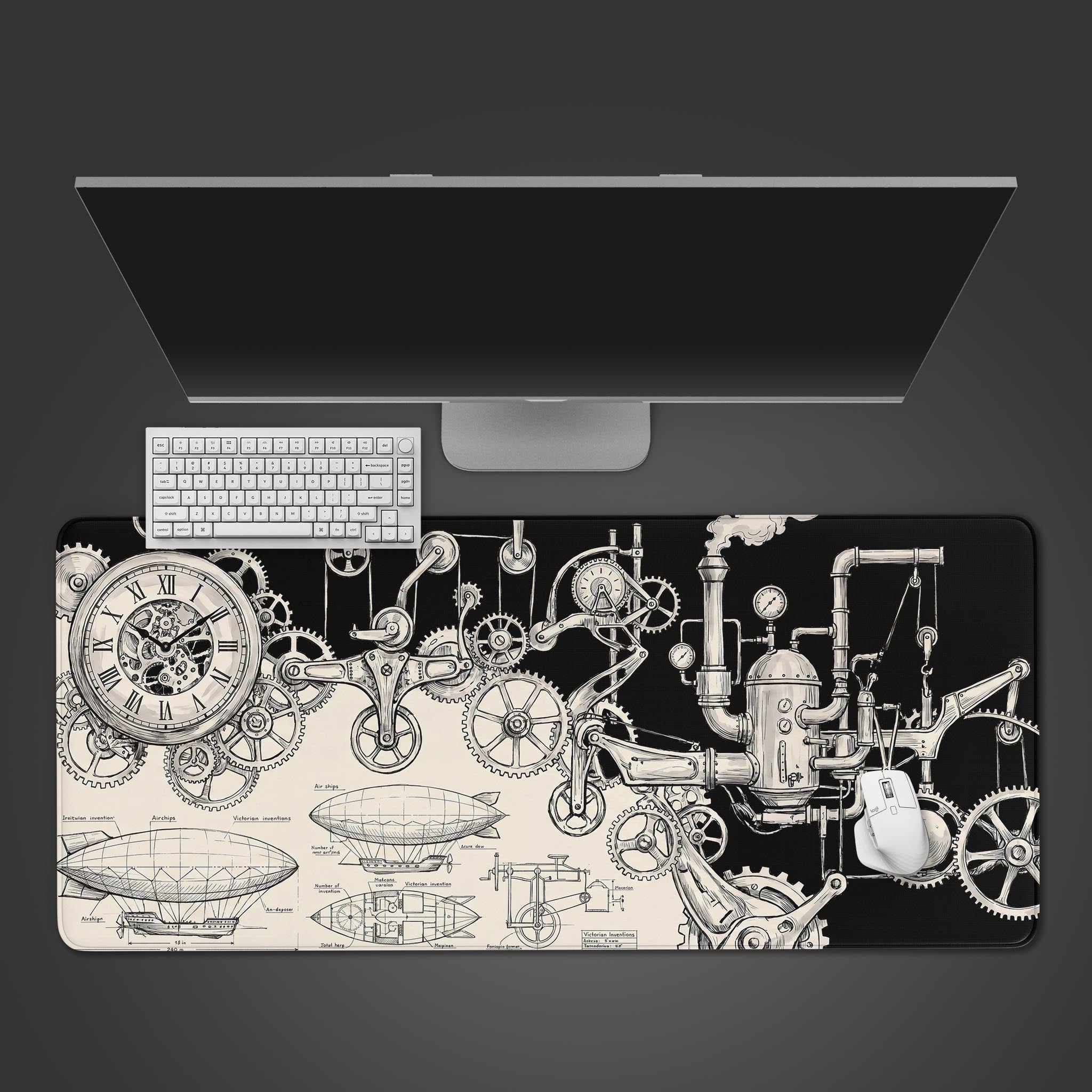 A desk mat featuring an intricate steampunk blueprint design with gears and a vintage airship.
