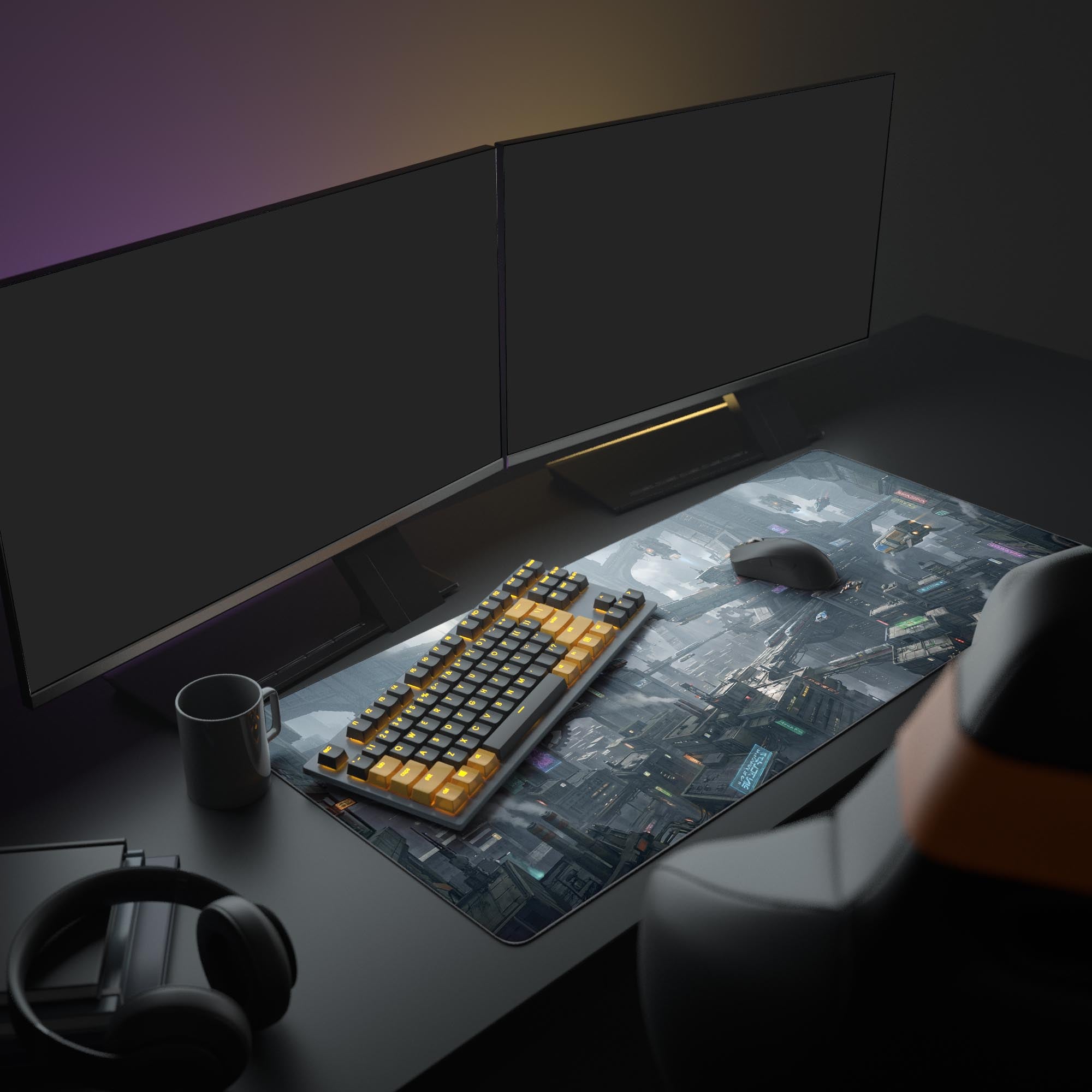 A full gaming setup featuring the Steel Metropolis sci-fi mouse pad, which displays a vast industrial cityscape under a large monitor and next to a gaming keyboard. - Epic Design Pads & Mousepads