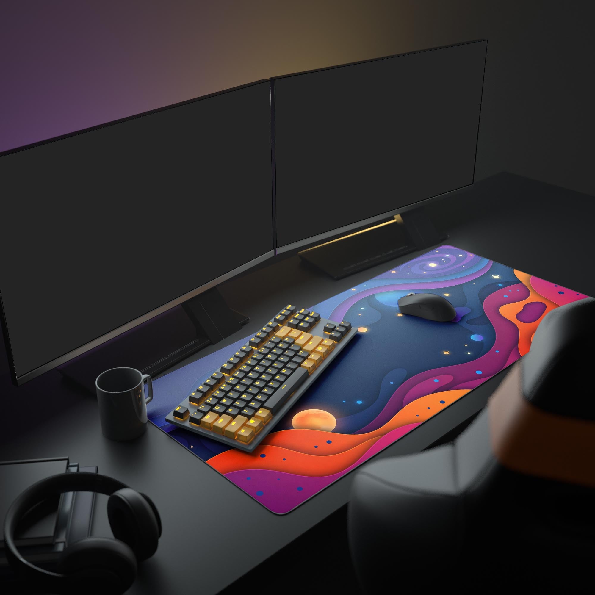 A complete aesthetic PC setup featuring the Stellar Drift XL mouse pad, with multiple monitors, a gaming keyboard, and glowing peripherals. - Epic Design Pads & Mousepads