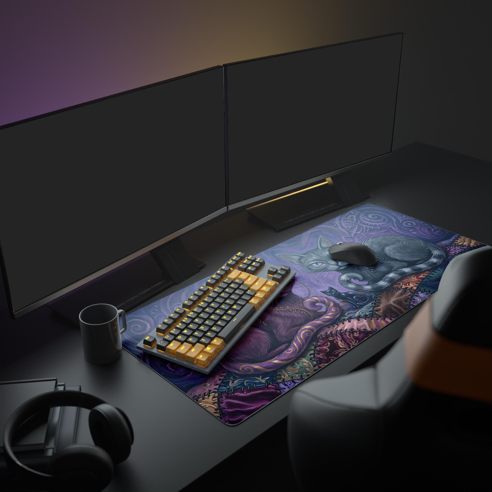 The Stitched Shadows mouse pad displayed in a full gaming setup, adding a dark fantasy and witchy aesthetic to the desk with monitors and peripherals. - Epic Design Pads & Mousepads