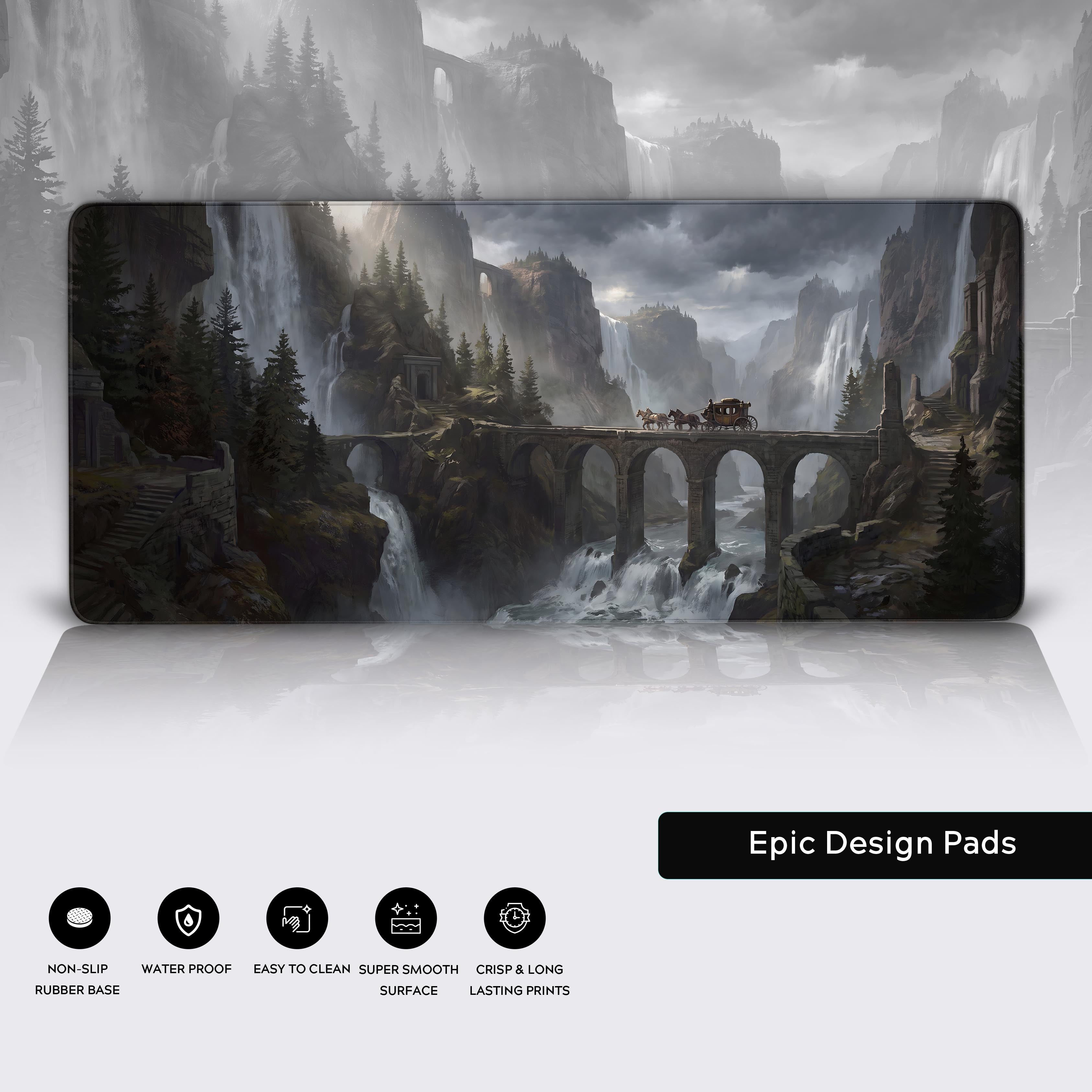 A wide view of the fantasy bridge desk mat with feature icons displayed below the design.