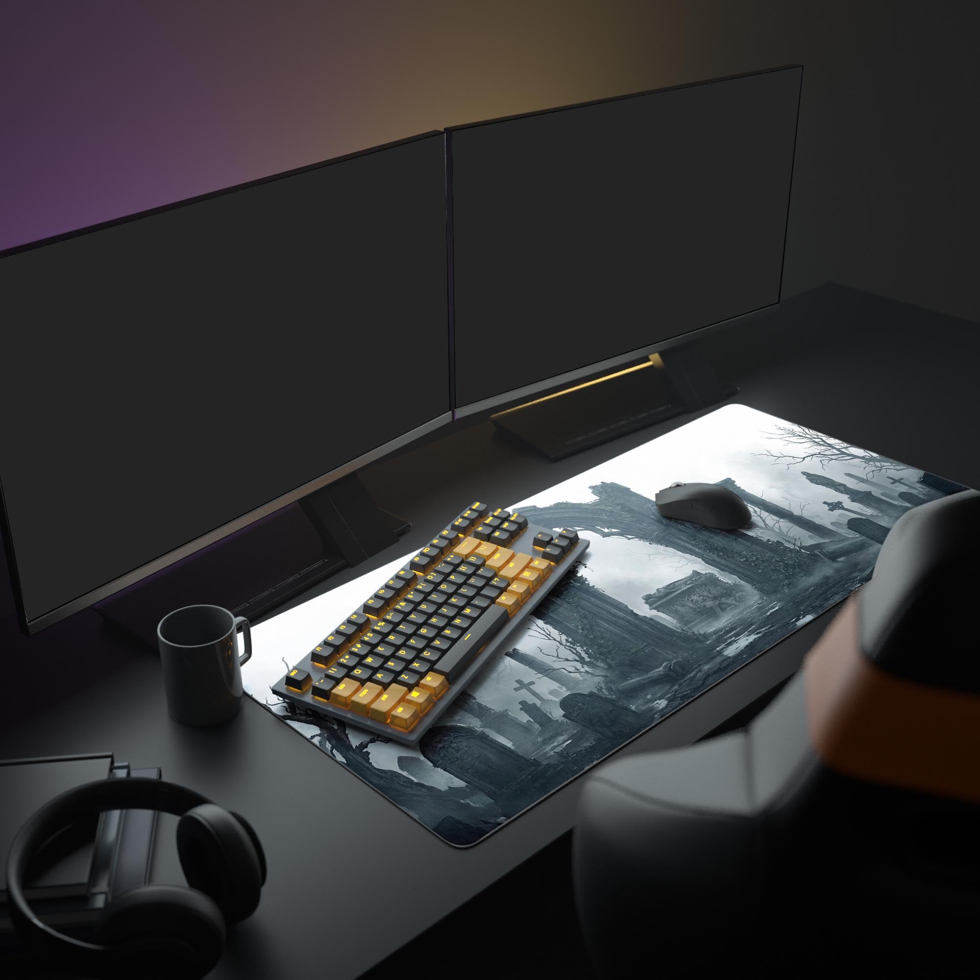 A full PC setup with the Stone Memory Gaming Desk Mat as the centerpiece. The gothic ruin design complements a modern monitor and peripherals for a dark academia aesthetic. - Epic Design Pads & Mousepads
