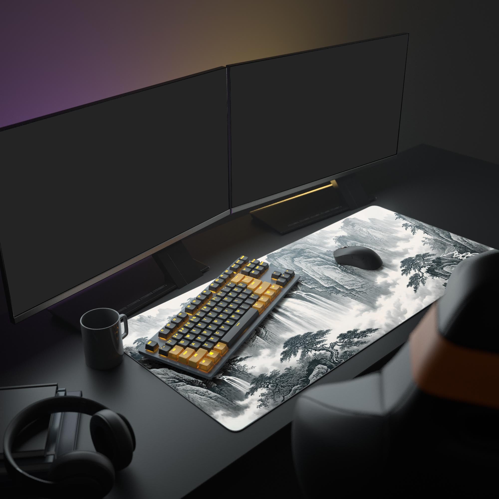 A full desk setup showcasing the monochrome Stone & Water XL mouse pad with dual monitors, a mechanical keyboard, and a white gaming mouse. - Epic Design Pads & Mousepads