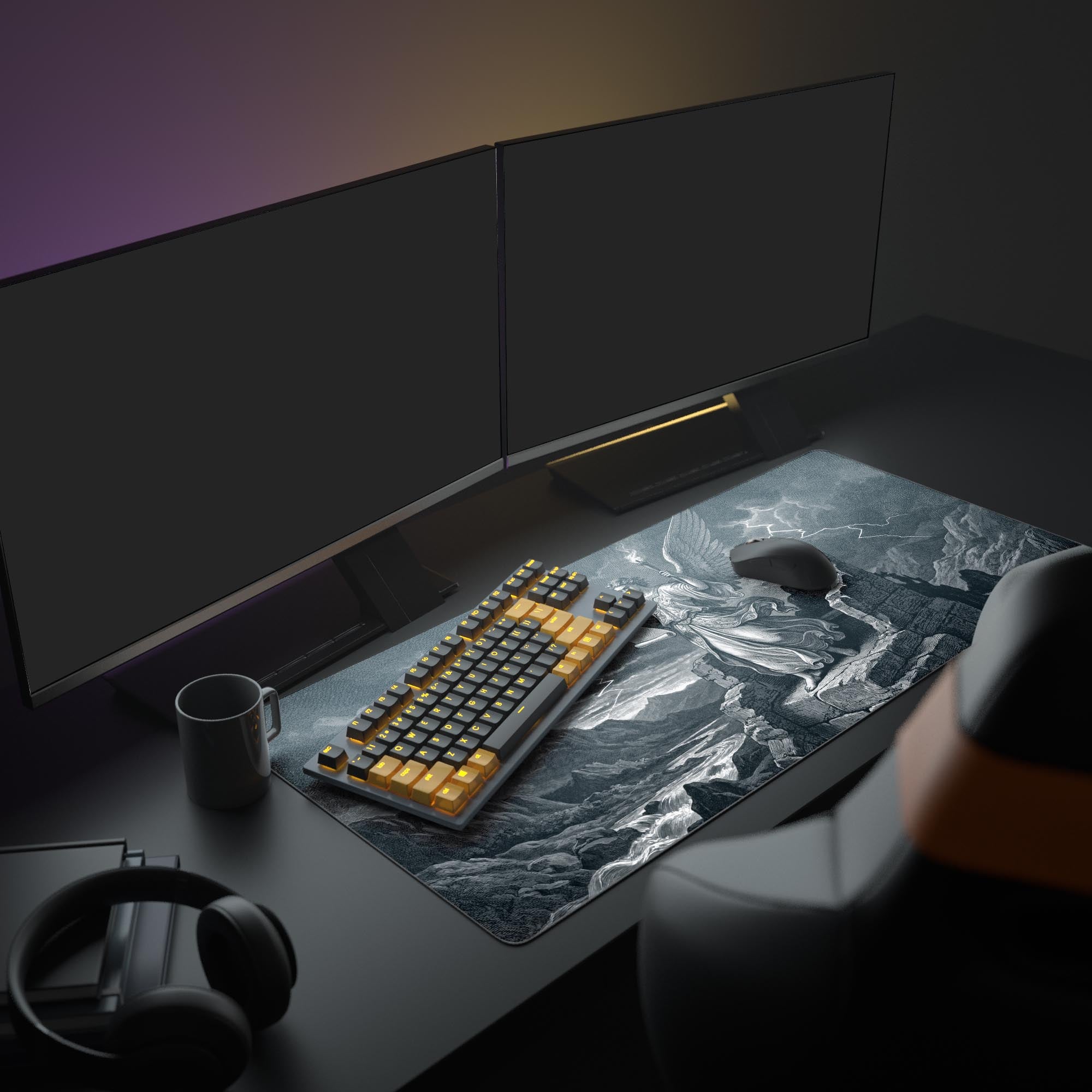 The Storm Revelation mouse pad in a full PC setup with monitors. The monochrome angel design creates a dramatic, focused aesthetic for the gaming station. - Epic Design Pads & Mousepads