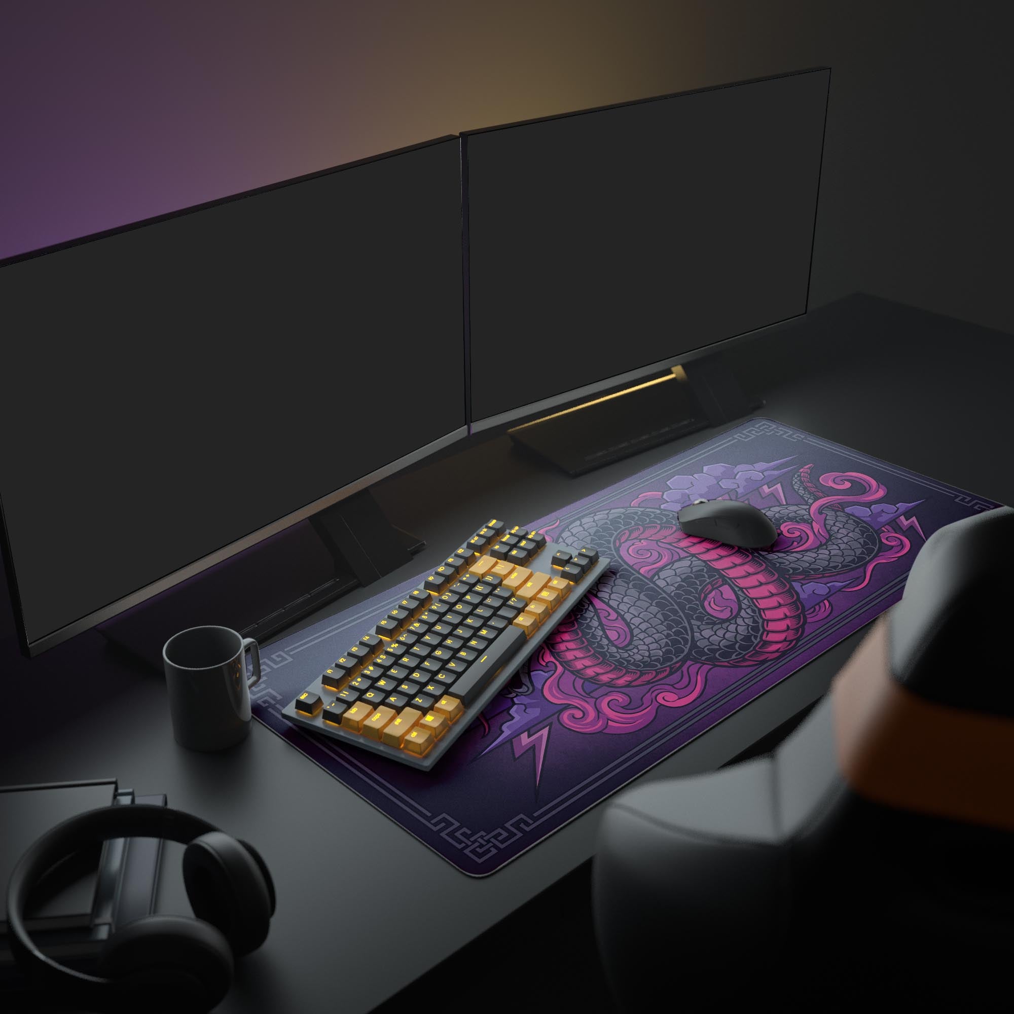 A complete gaming setup featuring the Storm Serpent XL mouse pad. The purple snake design complements glowing monitors and a white gaming keyboard and mouse for an epic aesthetic. - Epic Design Pads & Mousepads