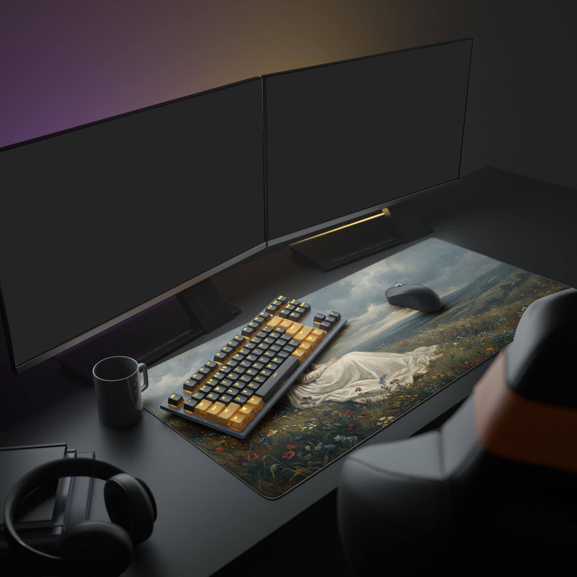 A full PC setup showcasing the Dark Academia mouse pad, anchoring a gaming station with a monitor and peripherals for a moody aesthetic. - Epic Design Pads & Mousepads