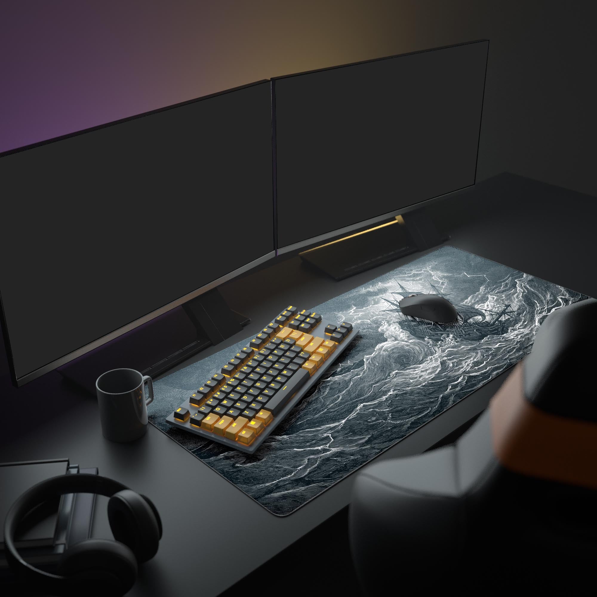 Detailed view of ship battling massive ocean waves on the desk mat