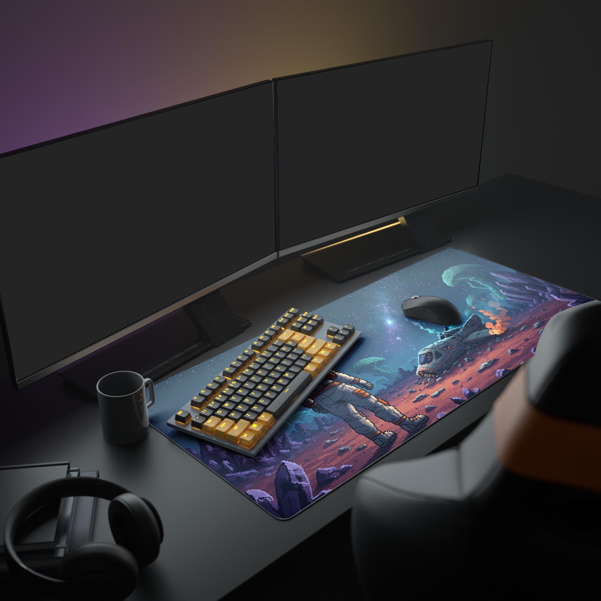 Large Stranded Explorer gaming desk mat featuring a pixel art astronaut, displayed in a full gaming setup with dual monitors and headphones. - Epic Design Pads