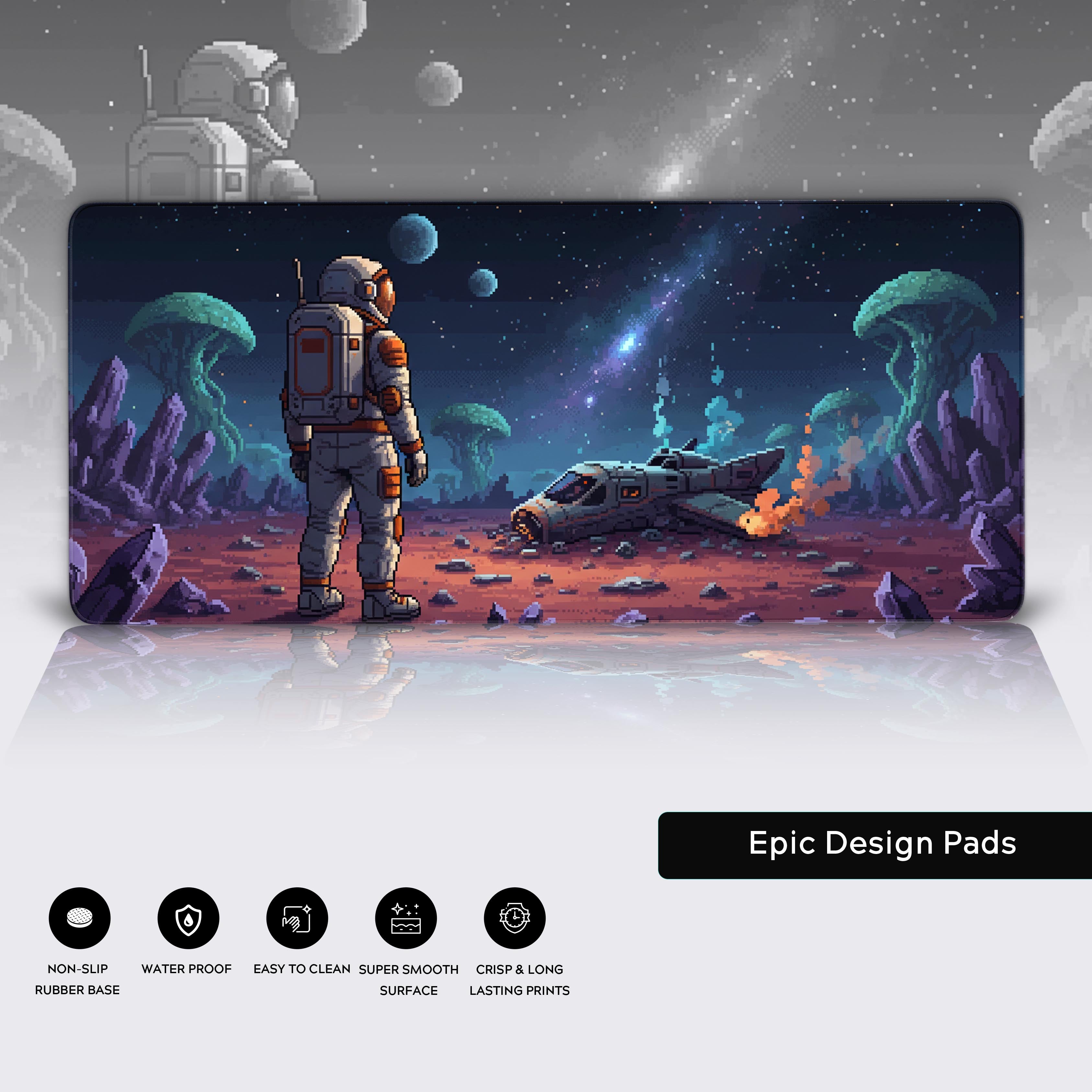 Close-up of the Stranded Explorer 8-bit gaming desk mat, showcasing the detailed pixel art, durable stitched edges, and non-slip rubber base. - Epic Design Pads