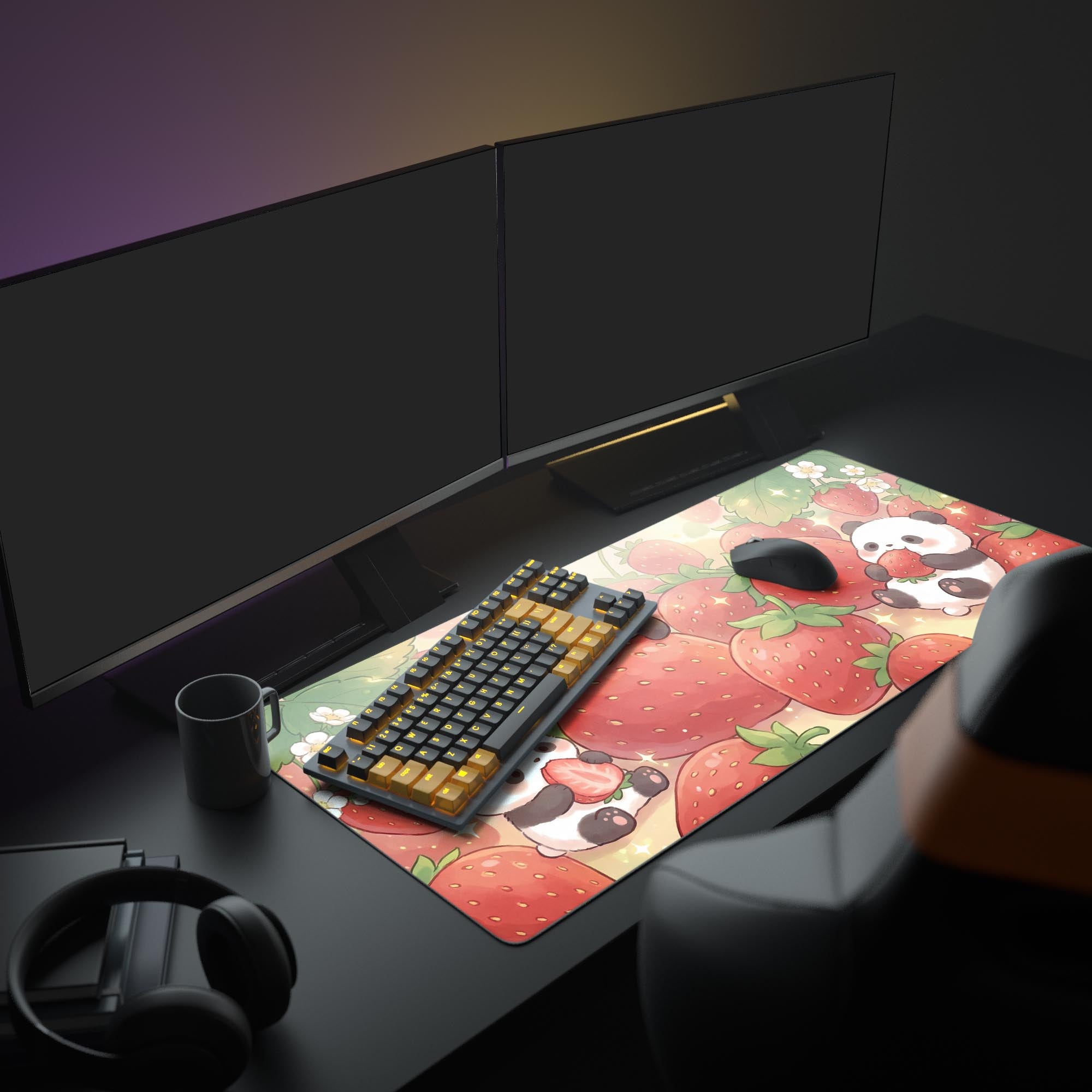 A cozy and cute PC setup featuring the Strawberry Dreamland mouse pad, showcasing its large size under multiple monitors, a gaming keyboard, and a white mouse. - Epic Design Pads & Mousepads