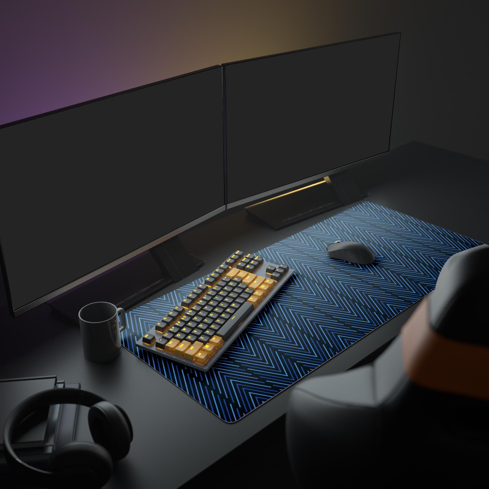 Large Stripe Pattern geometric desk mat featured in a modern office setup with dual monitors, headphones, and a mechanical keyboard. - Epic Design Pads & Mousepads