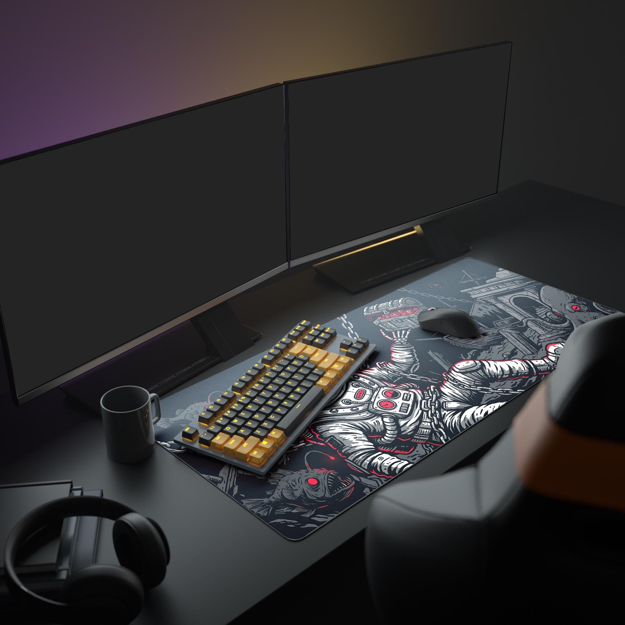 A full gaming setup featuring the Sunken Fortune mouse pad, enhancing the dark fantasy aesthetic with a keyboard, mouse, and glowing monitor. - Epic Design Pads & Mousepads