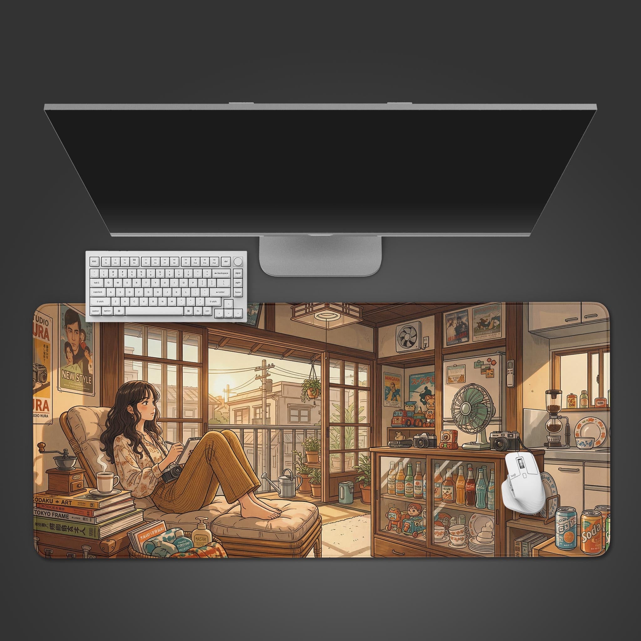 Top-down view of the Sunlit Nostalgia gaming desk mat with its cozy anime room design, shown with a white keyboard and mouse on a dark desk surface. - Epic Design Pads & Mousepads