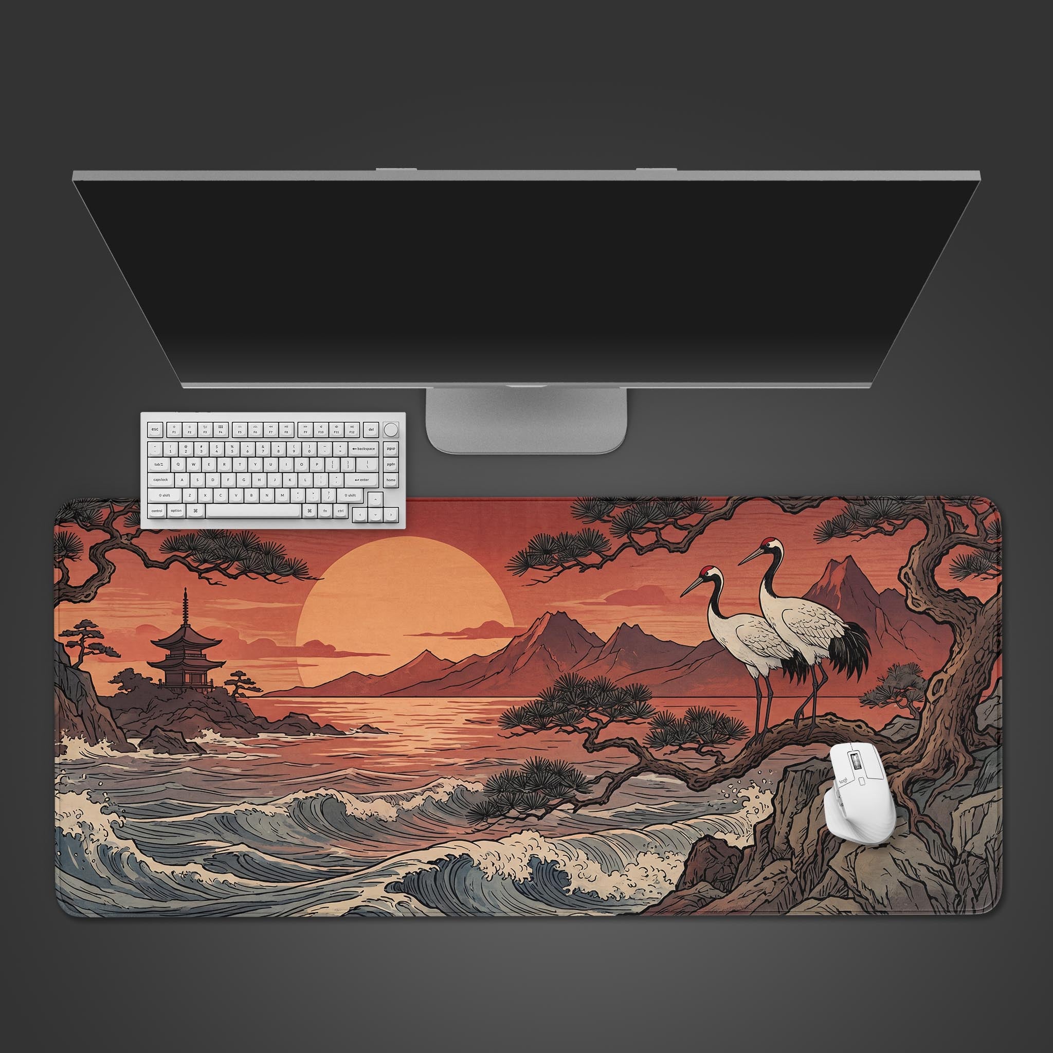 Large gaming desk mat featuring traditional Japanese Ukiyo-e art of red-crowned cranes at sunset
