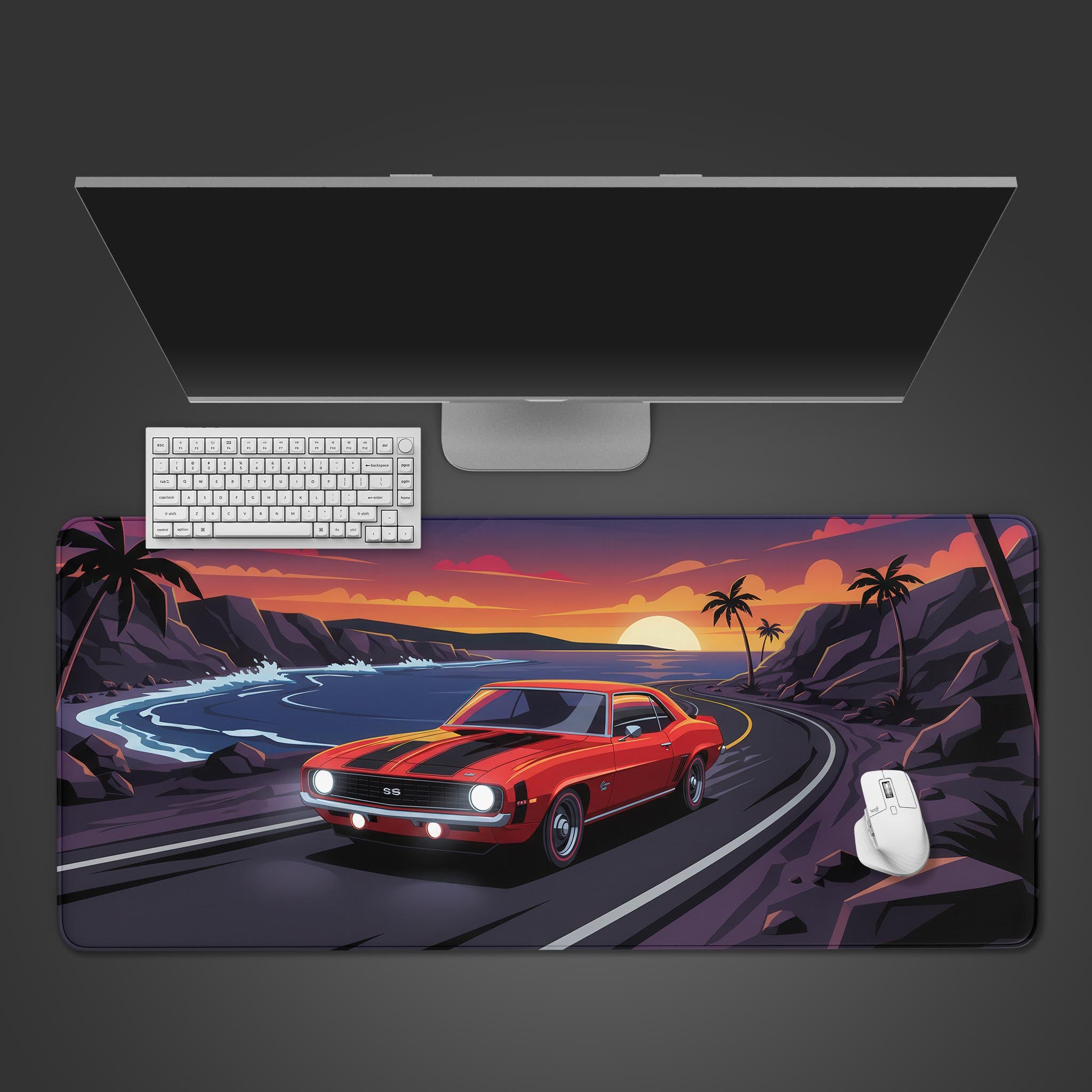 Sunset Drive desk mat with classic red muscle car design – top-down desktop view with a keyboard and mouse. - Epic Design Pads